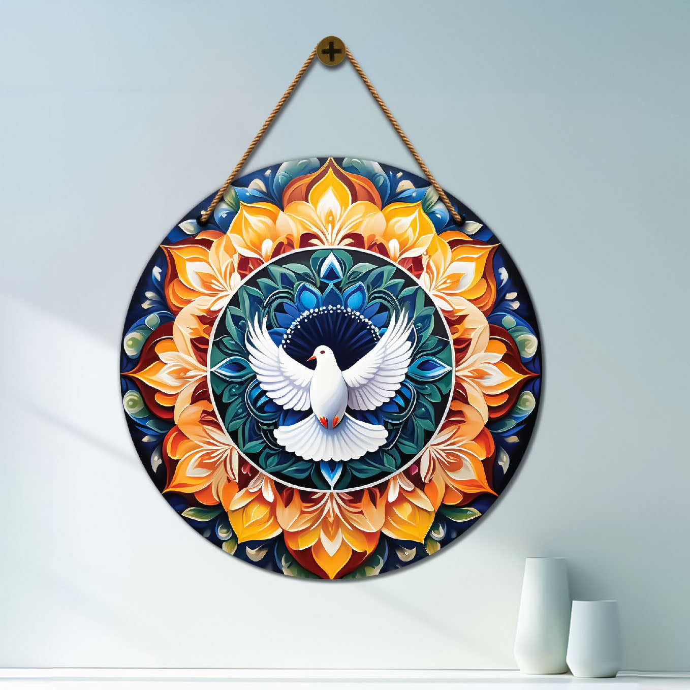 Pigeon in blue and yellow mandala Round Wooden Wall Hanging for wall Décor - Design - 286