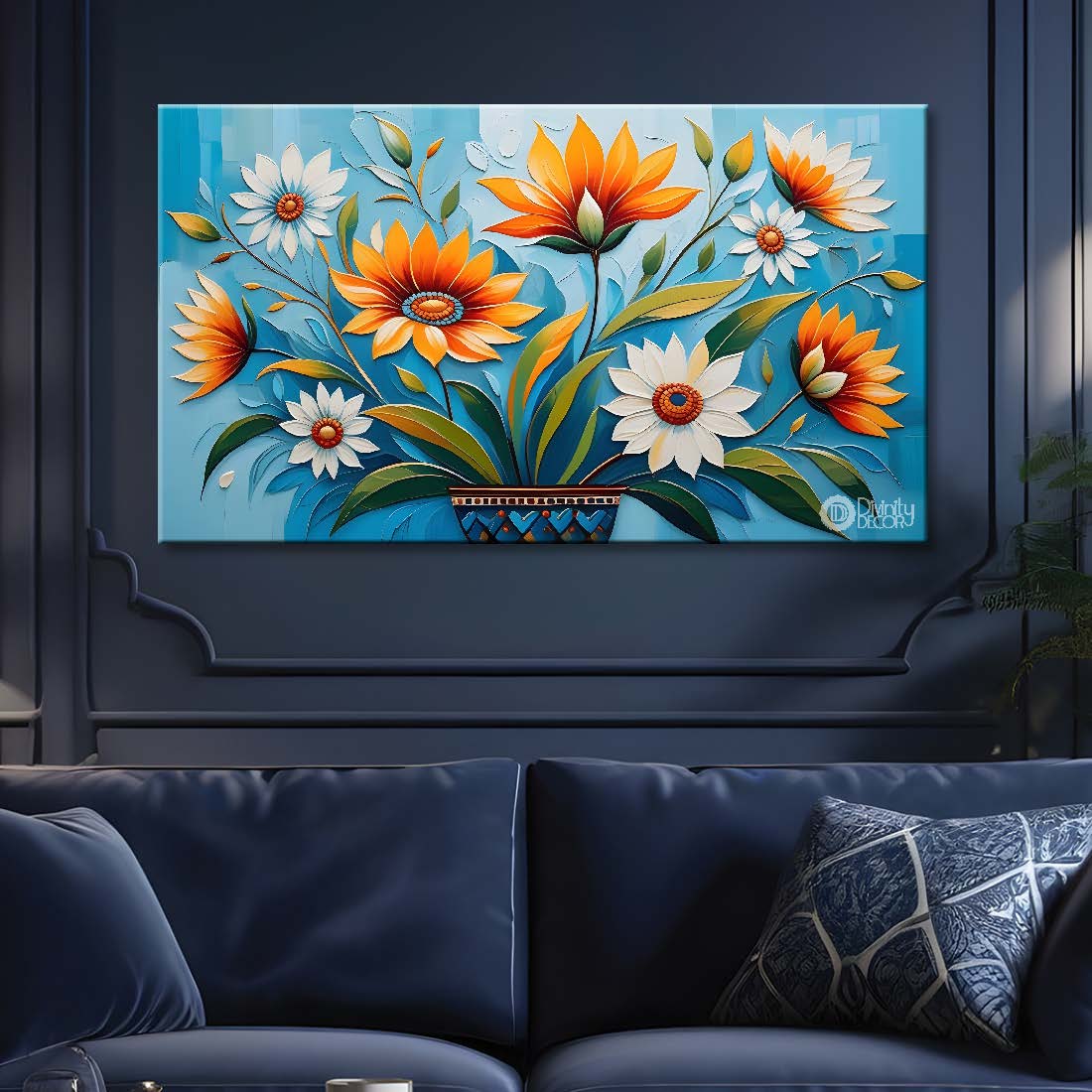 Colorful flowers in blue background canvas painting- Flower-287