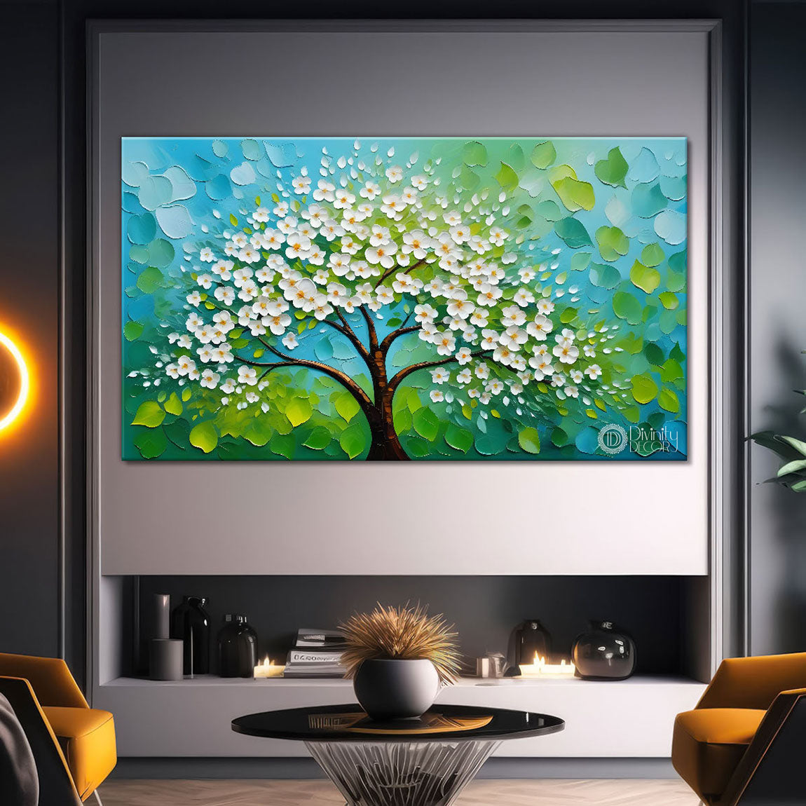 White flower tree in textured background oil painting- Design - Tree-287