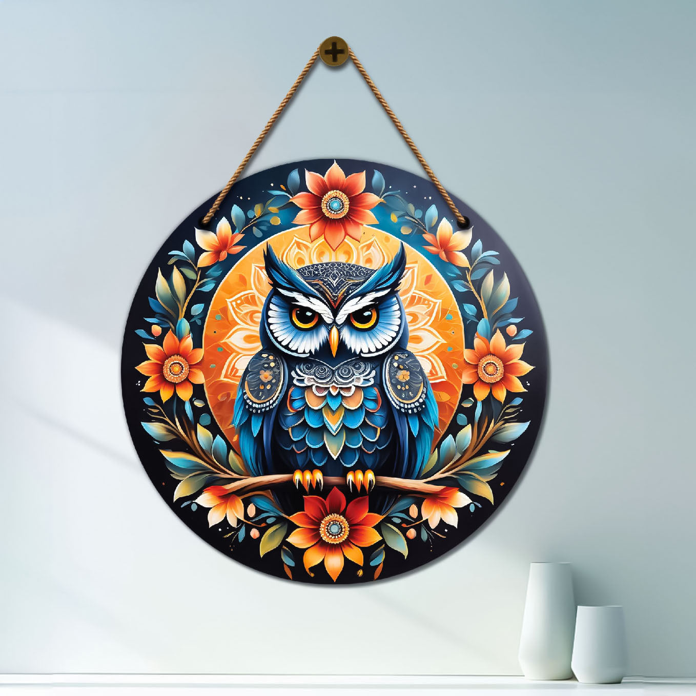 Owl in blue and orange mandala Round Wooden Wall Hanging for wall Décor - Design - 287