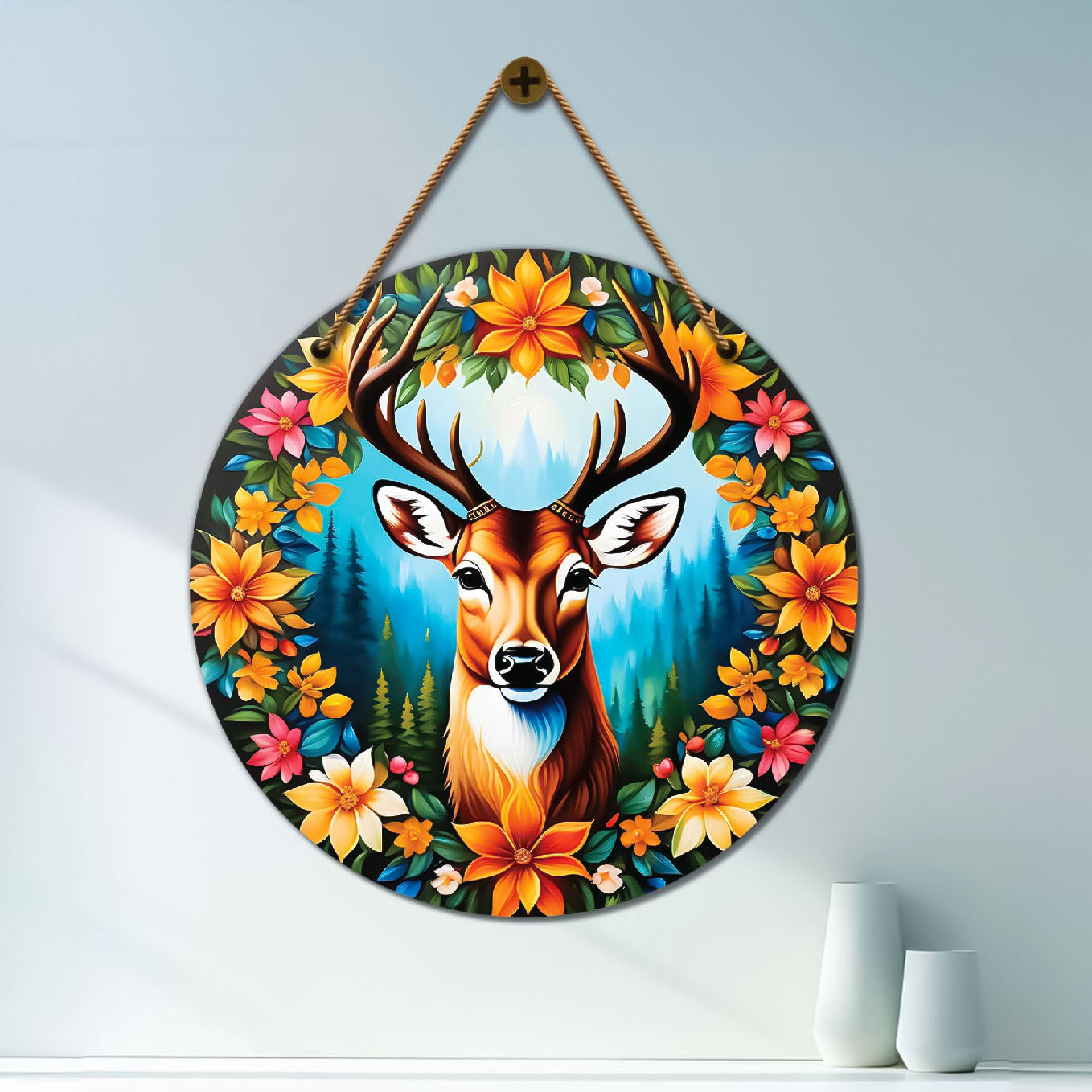 Deer in blue and floral mandala Round Wooden Wall Hanging for wall Décor - Design - 288