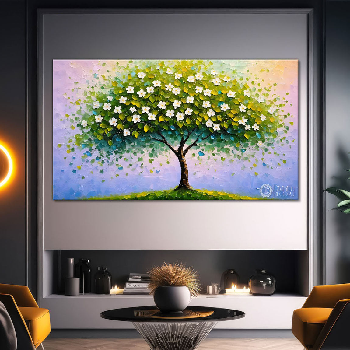 White flower tree in textured background oil painting- Design - Tree-288
