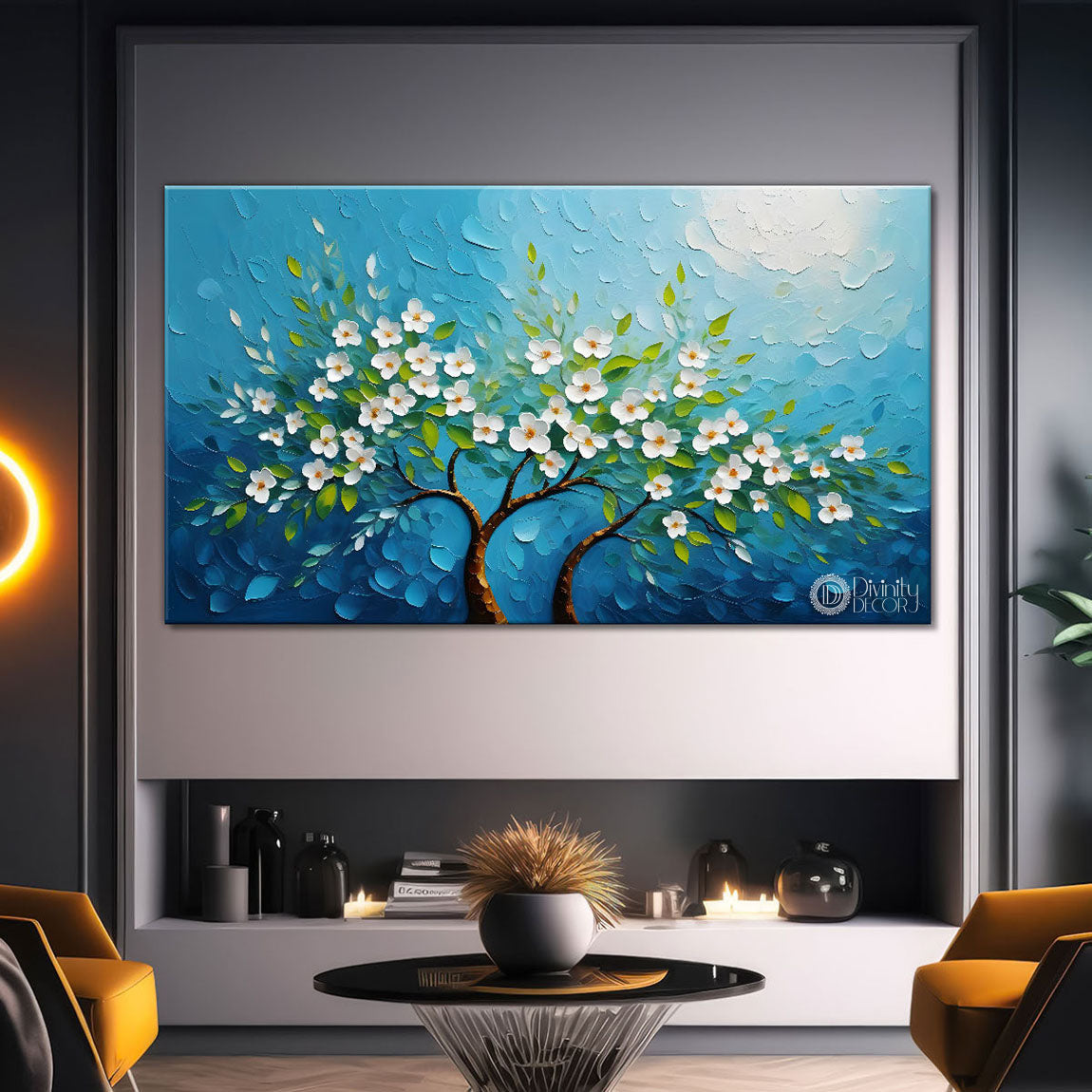 White flower tree in textured background oil painting- Design - Tree-289