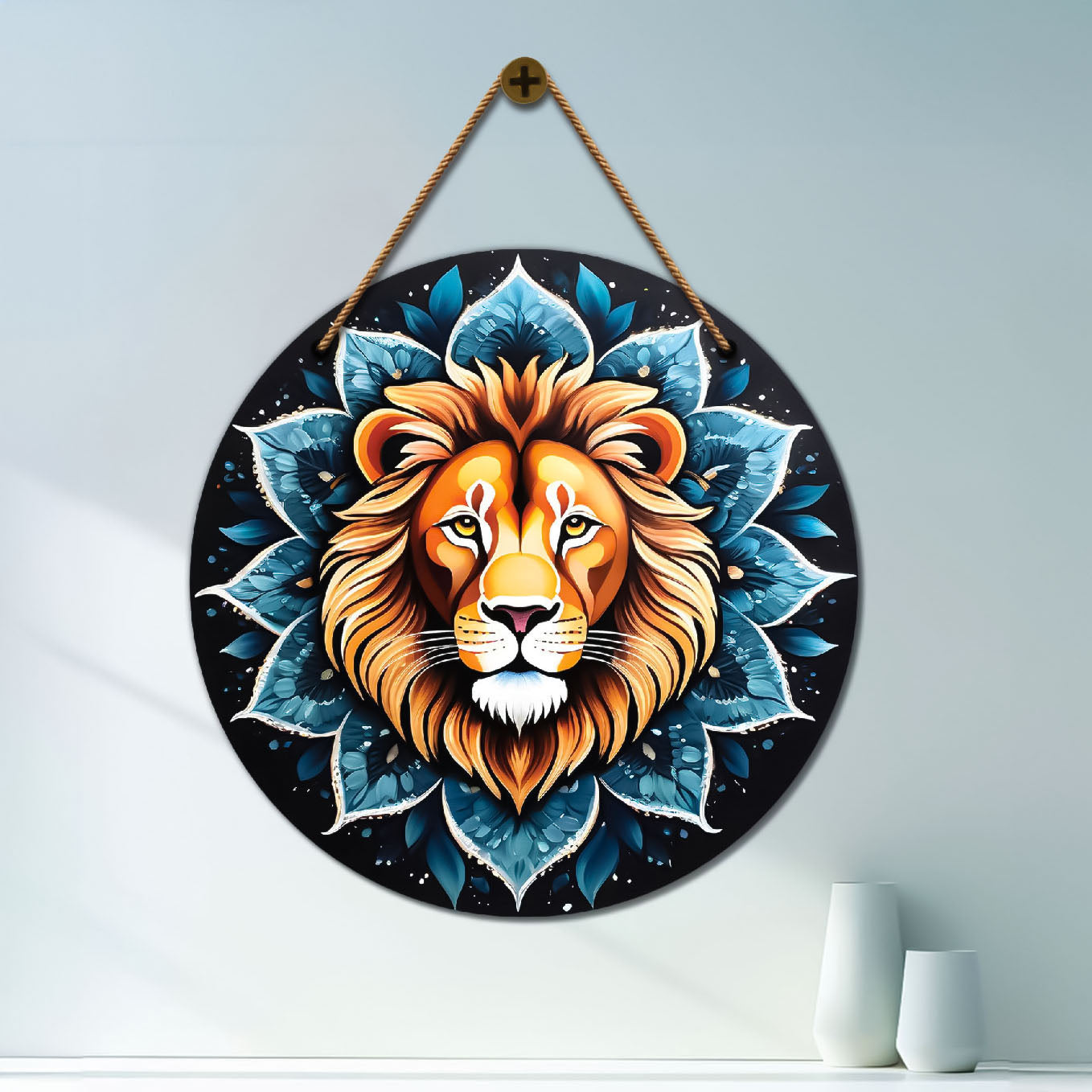 Lion in blue mandala Round Wooden Wall Hanging for wall Décor - Design - 289