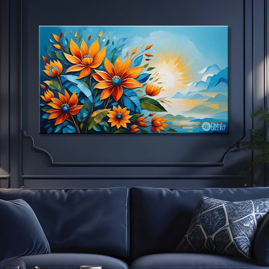 Orange flowers in sunrise background canvas painting- Flower-289