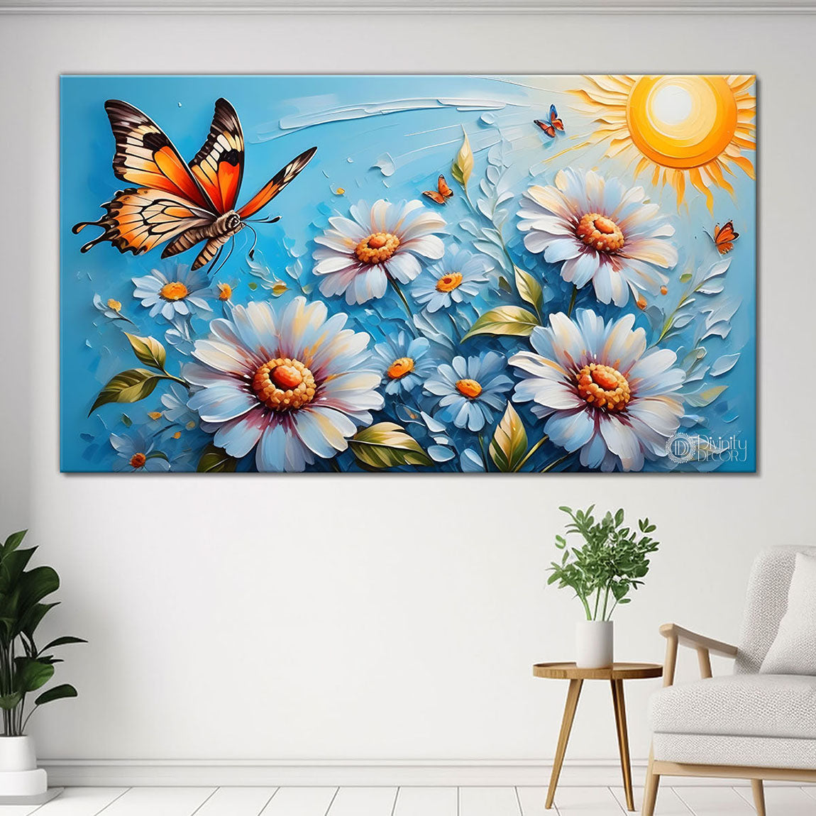 White flowers and butterfly painting Canvas Painting - Nature Art -289