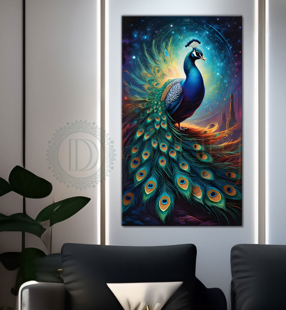 Peacock in front of moon with blue background modern art painting   - Design - Peacock-V-28