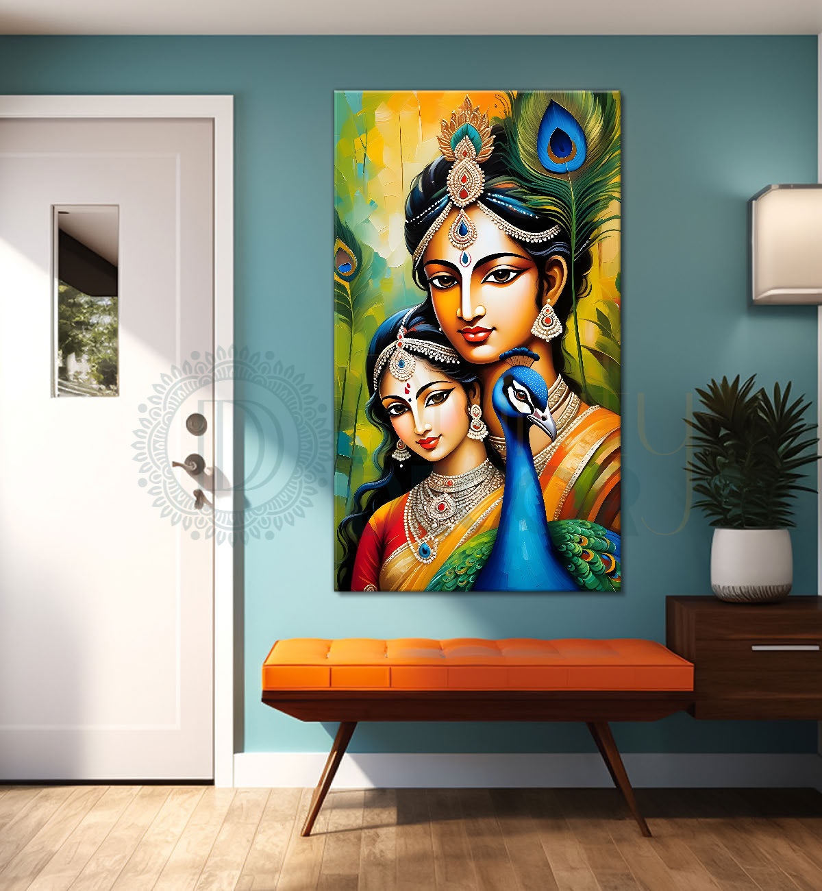 Krishna with radha in peacock feathers background textured art Canvas Painting - Design - Krishna-V-28