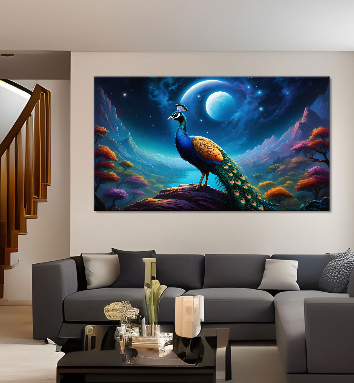 Peacock with the blue background painting Canvas Painting - Design - Peacock-28