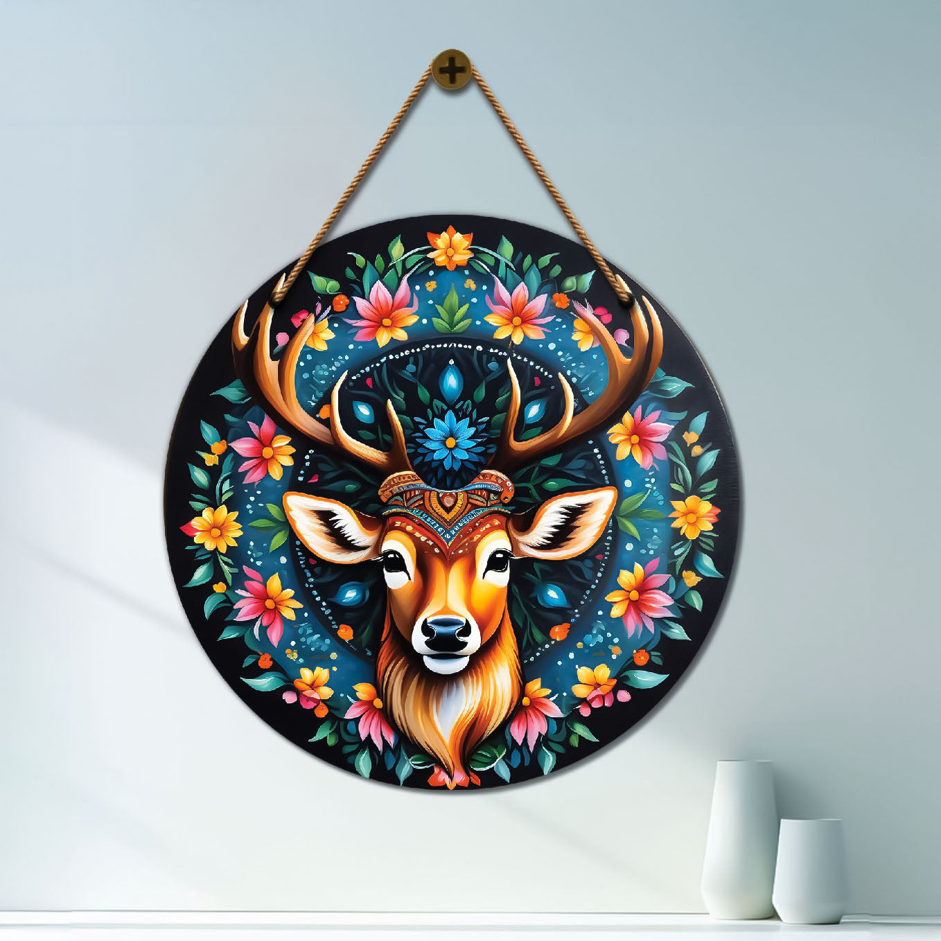 Deer in blue and floral mandala Round Wooden Wall Hanging for wall Décor - Design - 290