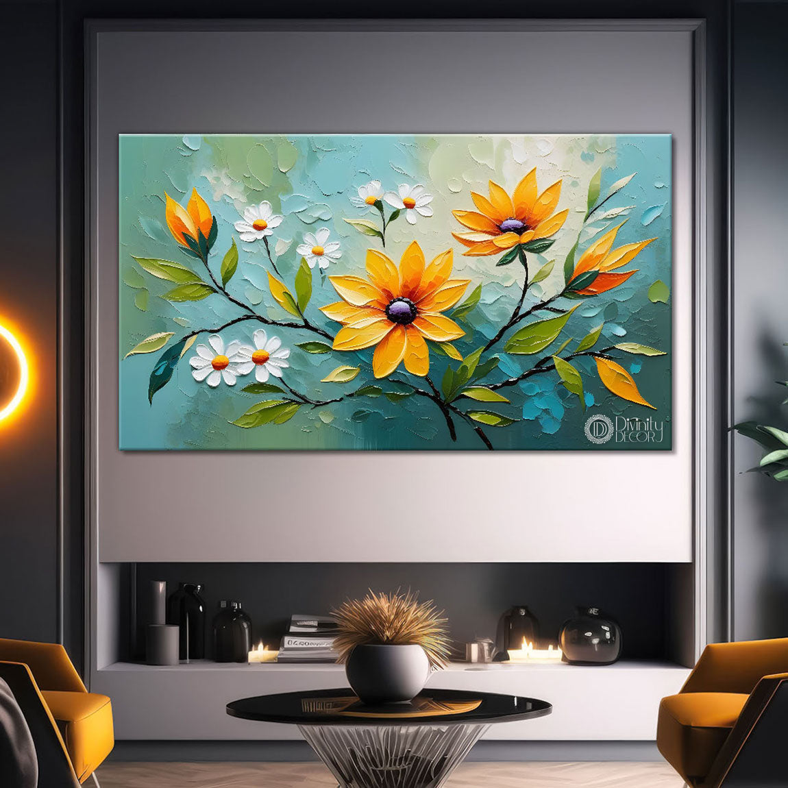 White and orange flowers in textured background oil painting- Design - Tree-290