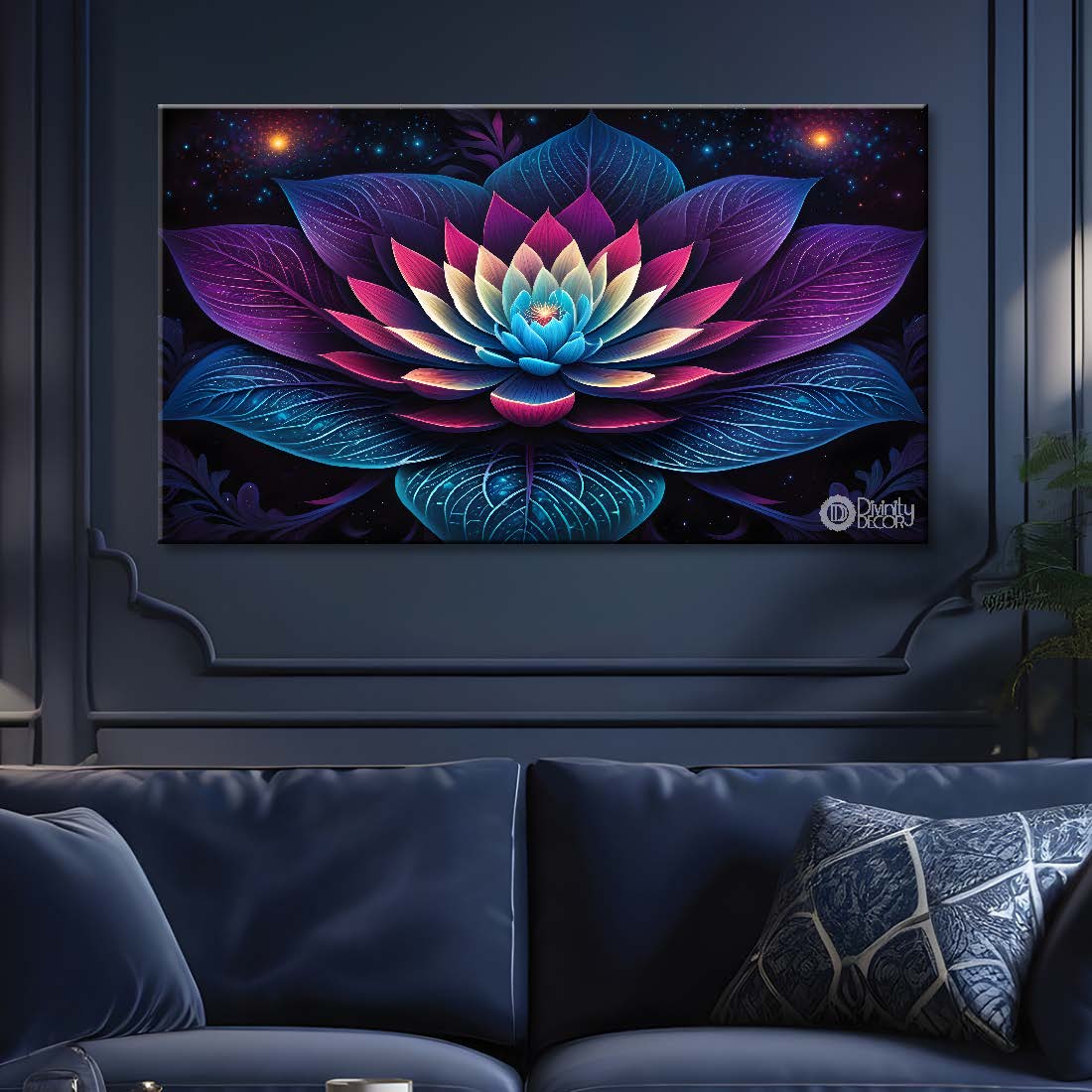 Blue flower in purple and dark background canvas painting- Flower-290