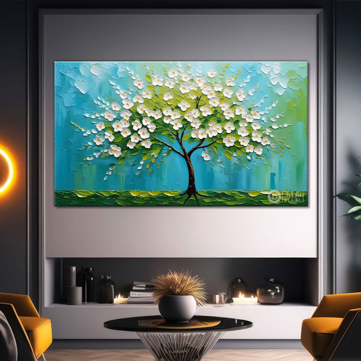 white flower tree in textured background oil painting- Design - Tree-291
