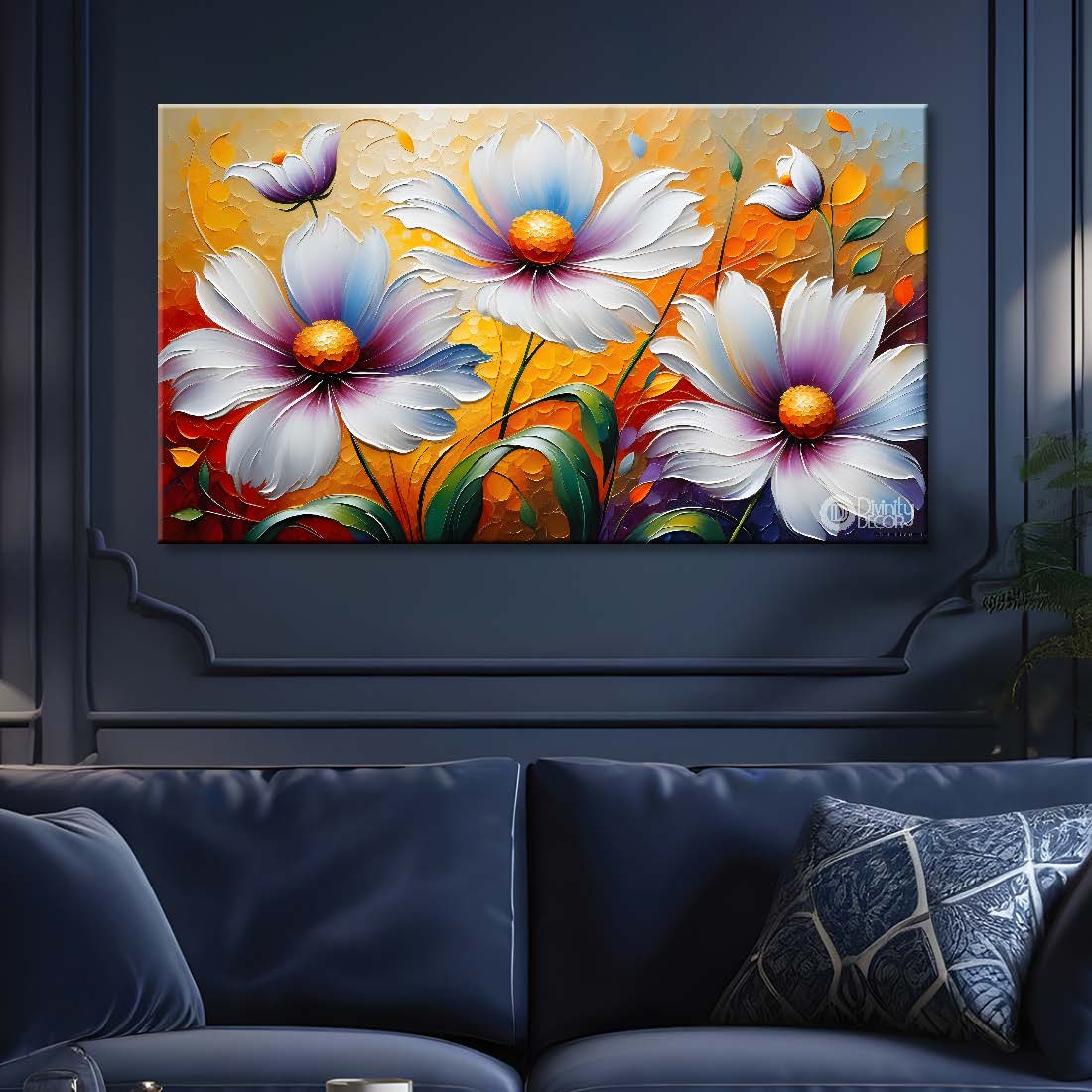 White flowers in yellow background canvas painting- Flower-291