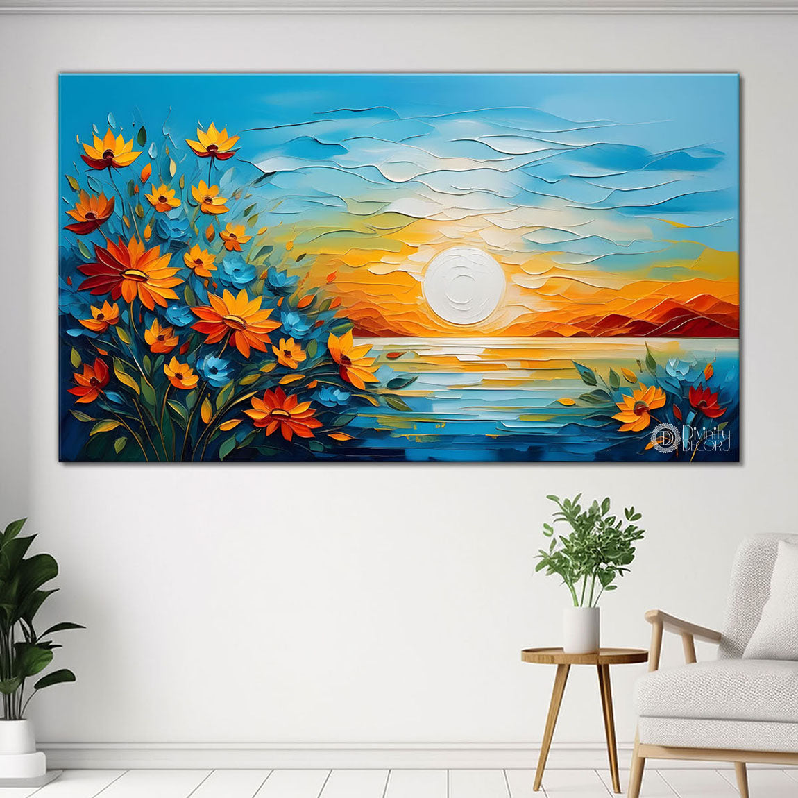Mountains with flowers and sunset painting Canvas Painting - Nature Art -291