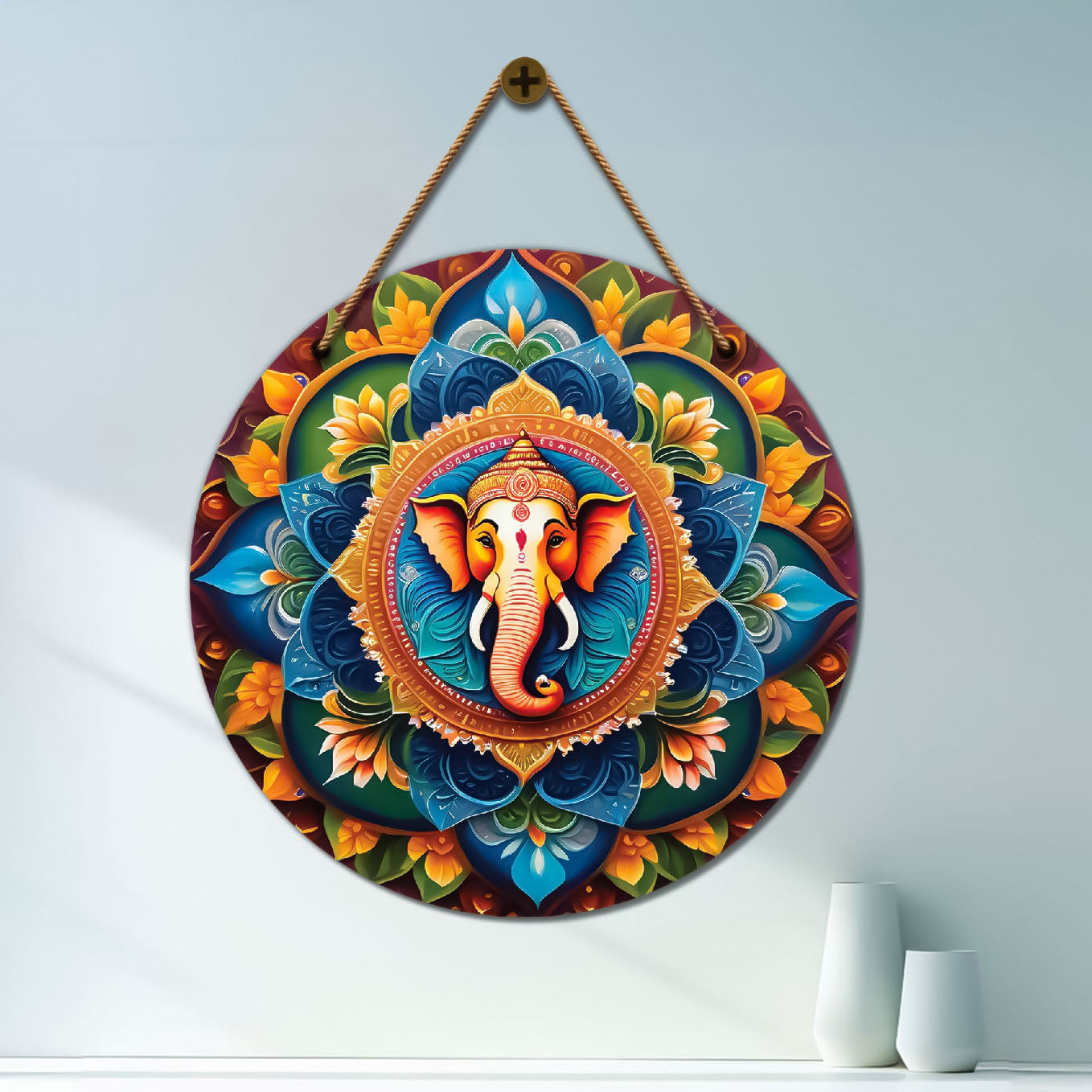 Ganesh Ji in blue and yellow mandala Round Wooden Wall Hanging for wall Décor - Design - 291