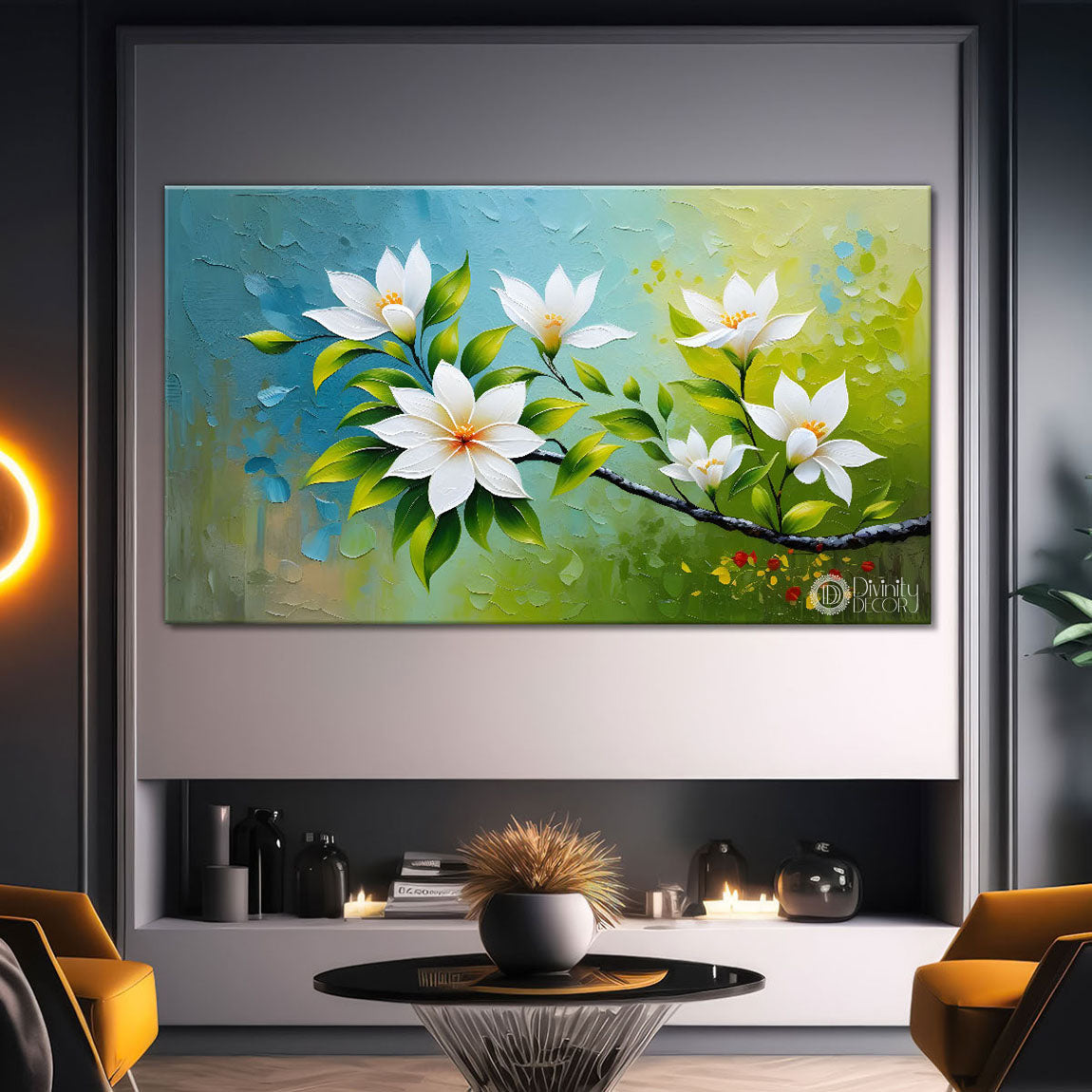 white flower tree in textured background oil painting- Design - Tree-292