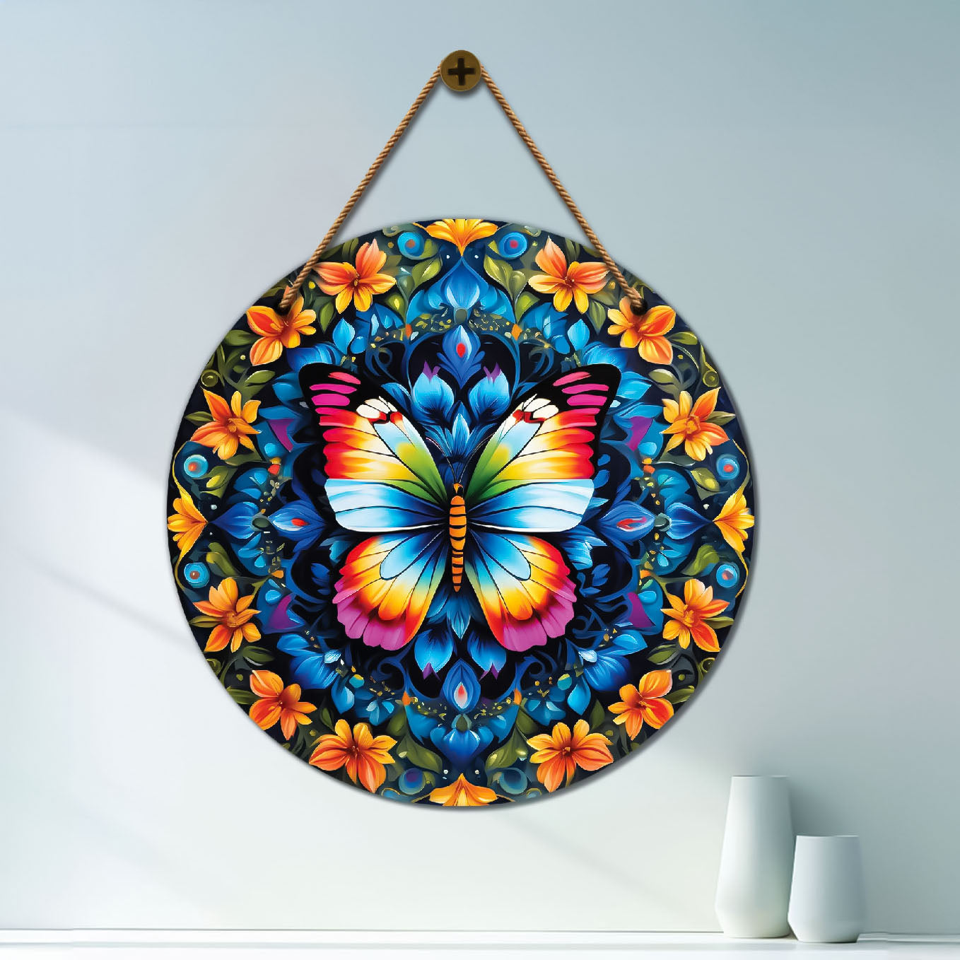 Butterfly in blue and orange mandala Round Wooden Wall Hanging for wall Décor - Design - 292
