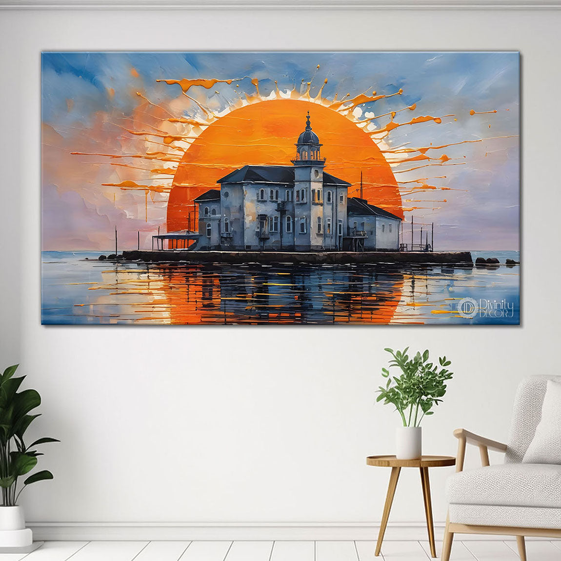 Villa in a river and sunset painting Canvas Painting - Nature Art -292