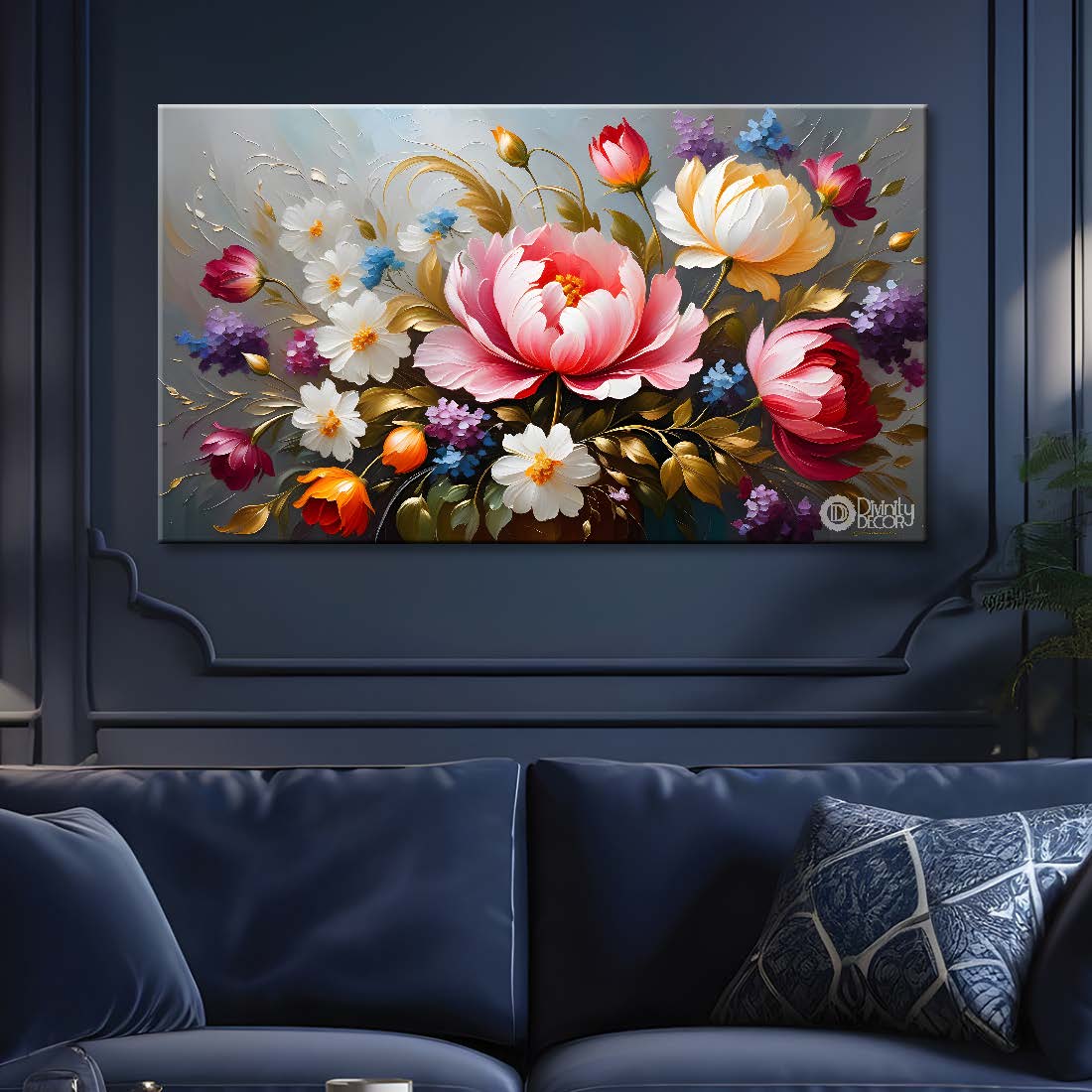 Pink wand white flowers in grey background canvas painting- Flower-293
