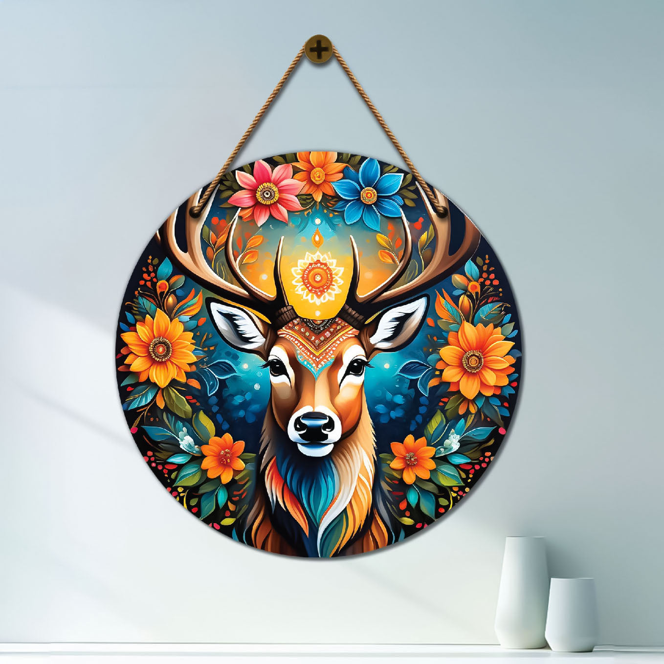 Deer in blue and floral mandala Round Wooden Wall Hanging for wall Décor - Design - 293