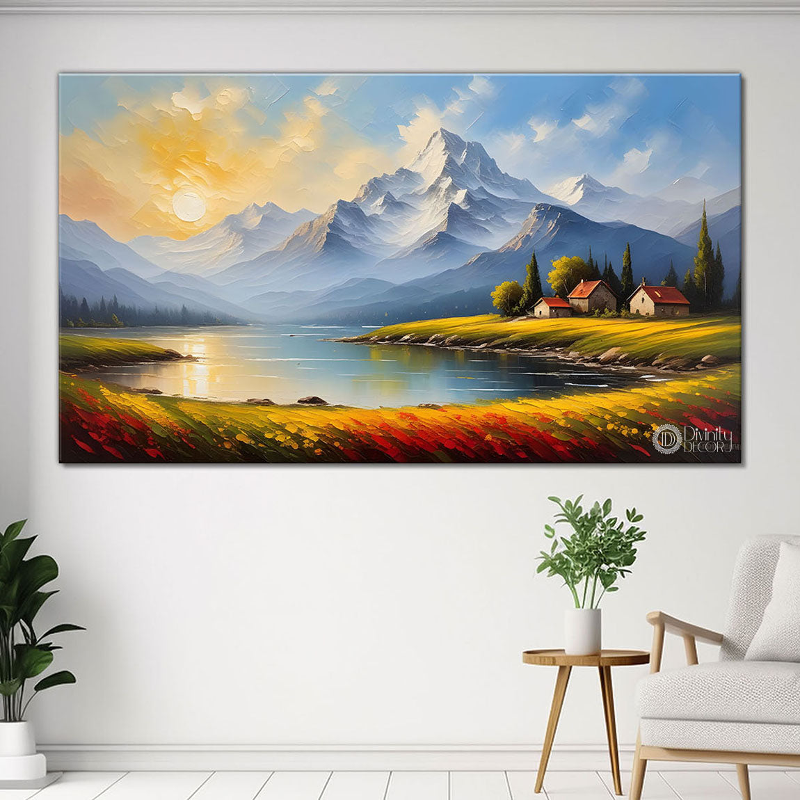 Mountains with lake and greenery Canvas Painting - Nature Art -293