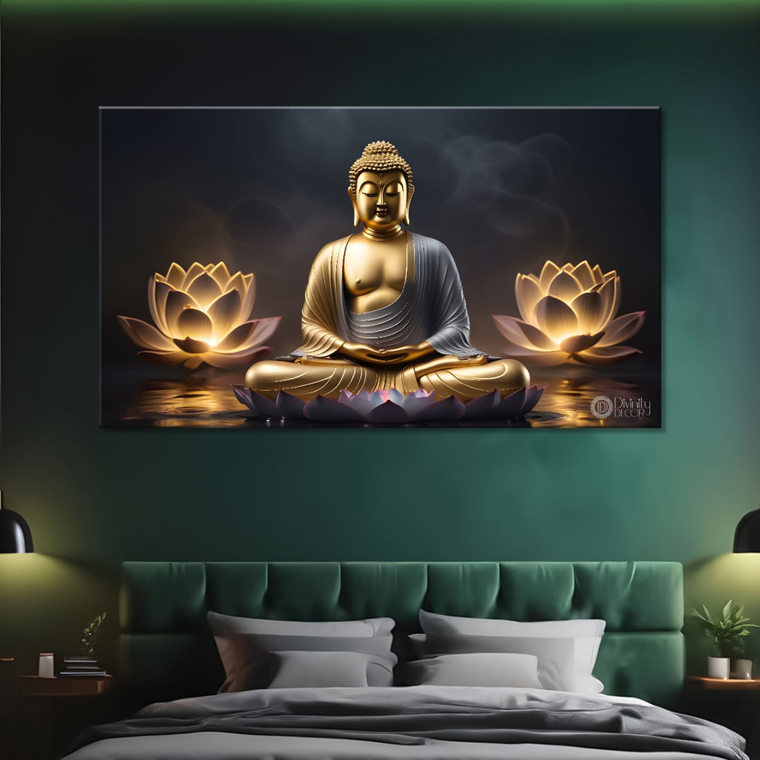 Buddha with dark and yellow  lotus textured background painting Canvas Wall Painting - Buddha-294