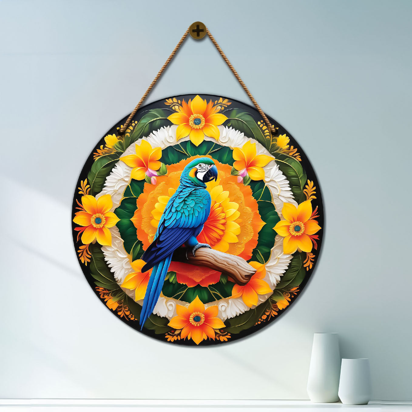 Parrot in green and floral mandala Round Wooden Wall Hanging for wall Décor - Design - 294