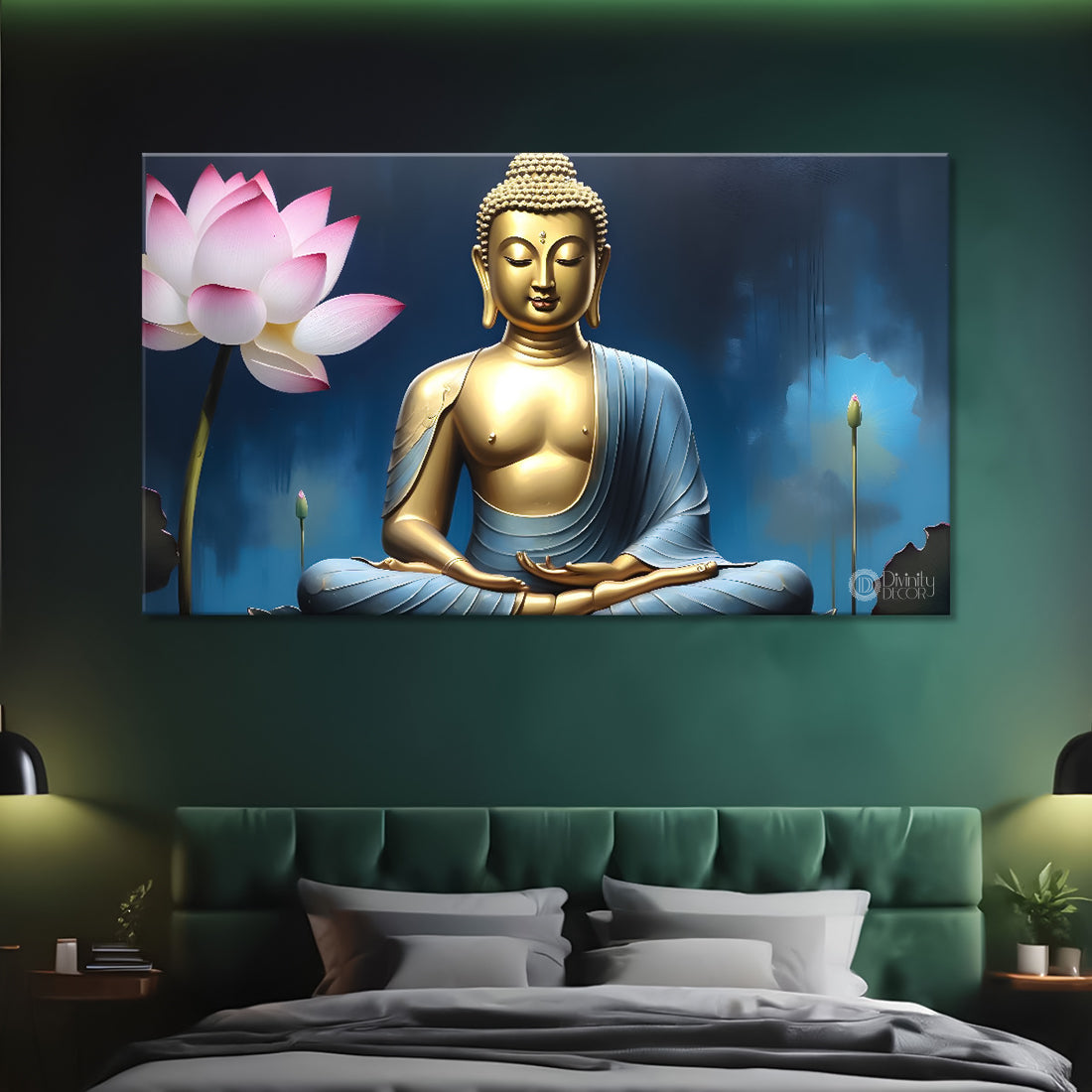 Golden buddha with pink lotus and blue textured background painting Canvas Wall Painting - Buddha-295