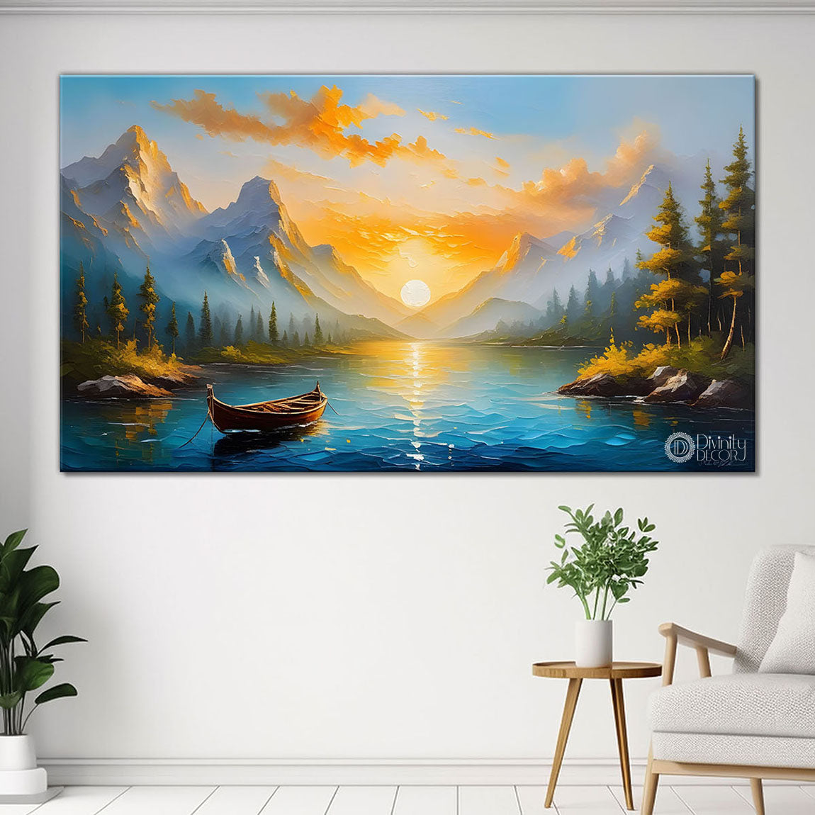 Mountains and boat on river painting Canvas Painting - Nature Art -295