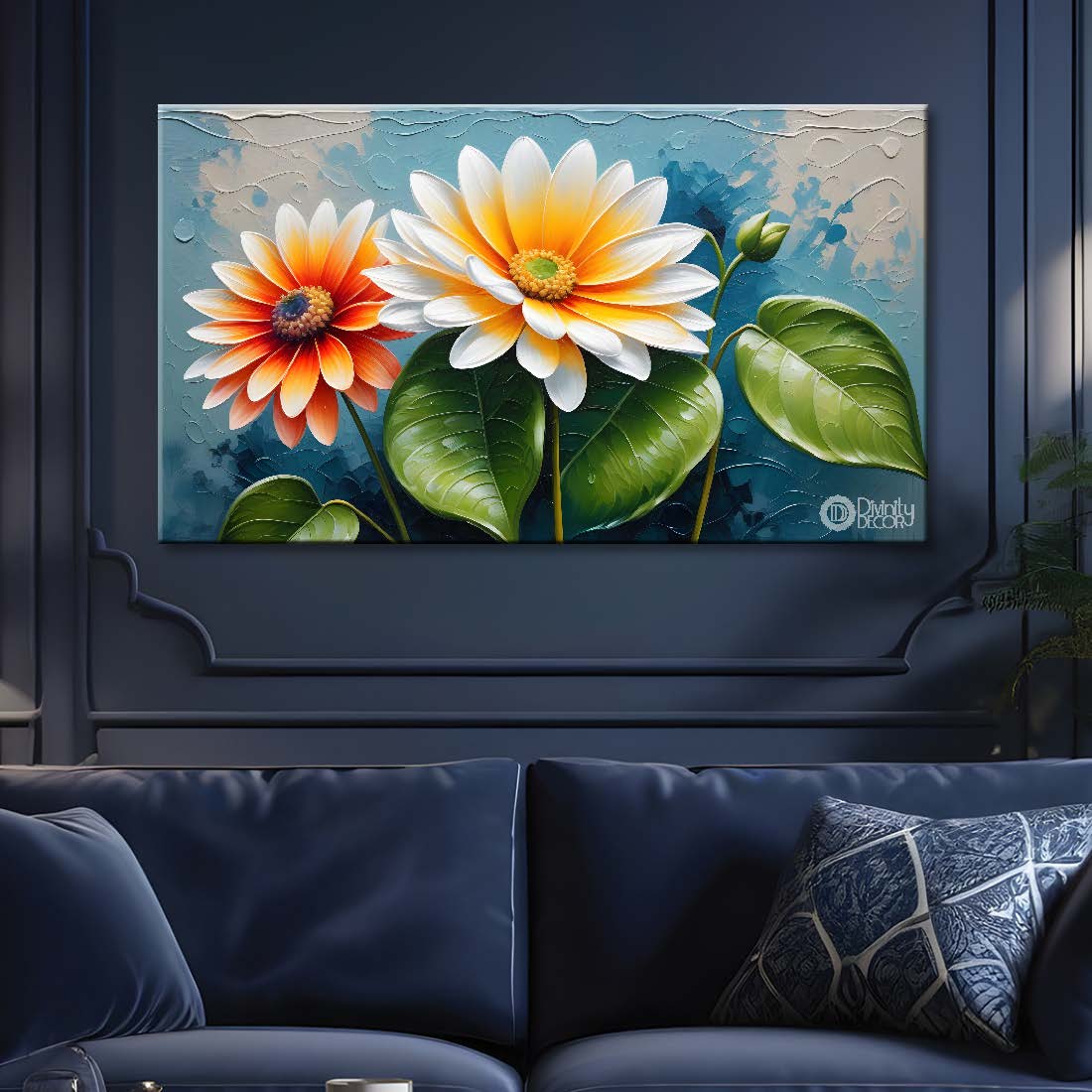 White flowers in blue background canvas painting- Flower-295