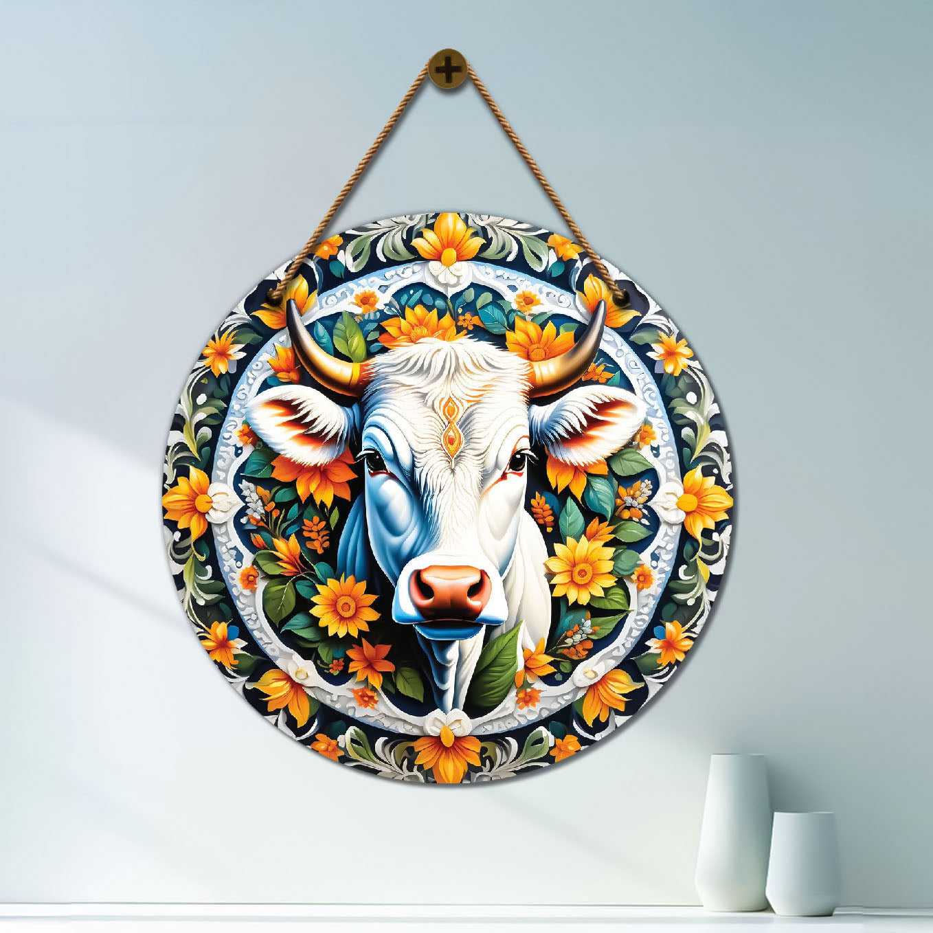 Cow in green and floral mandala Round Wooden Wall Hanging for wall Décor - Design - 295