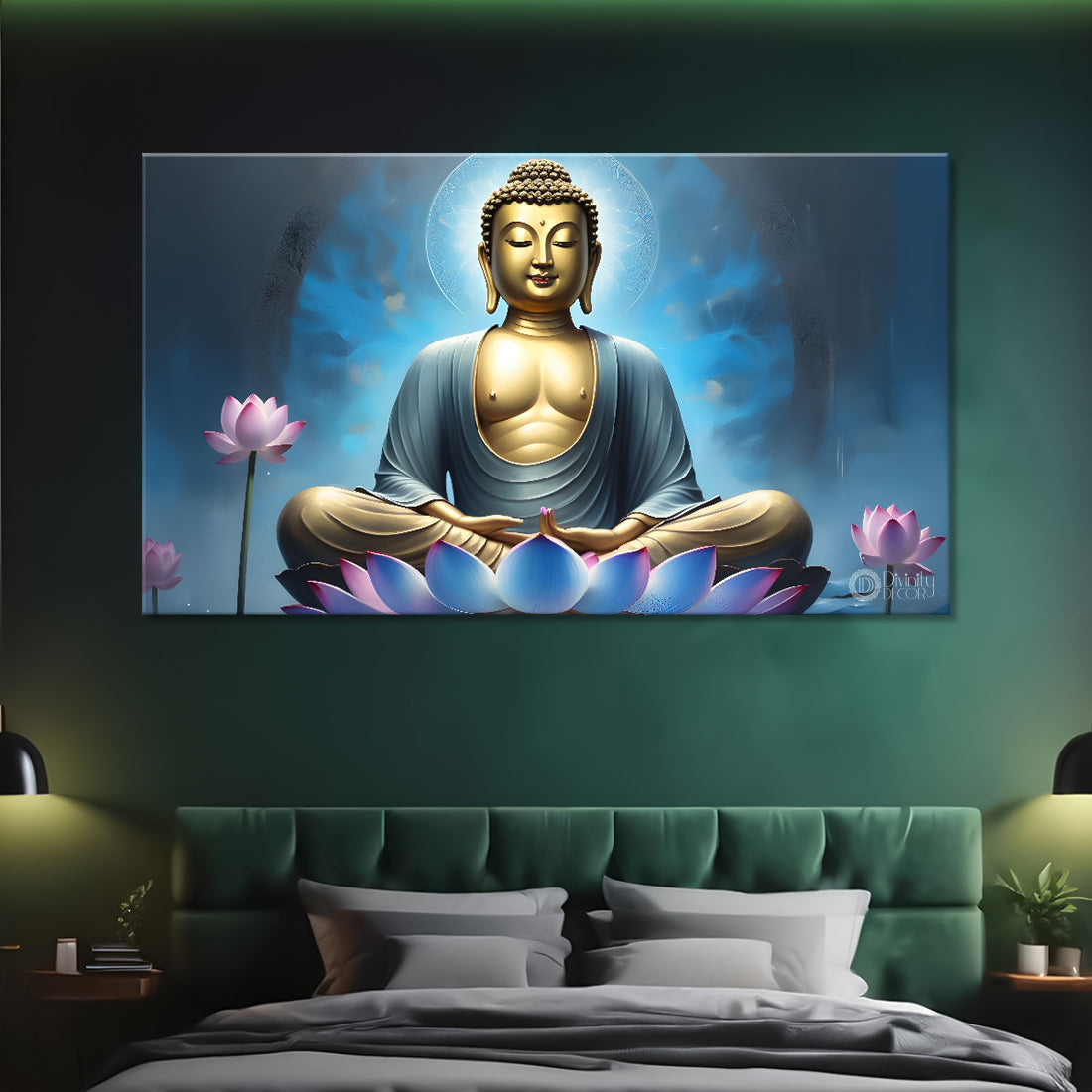 Golden buddha with pink lotus and blue textured background painting Canvas Wall Painting - Buddha-296