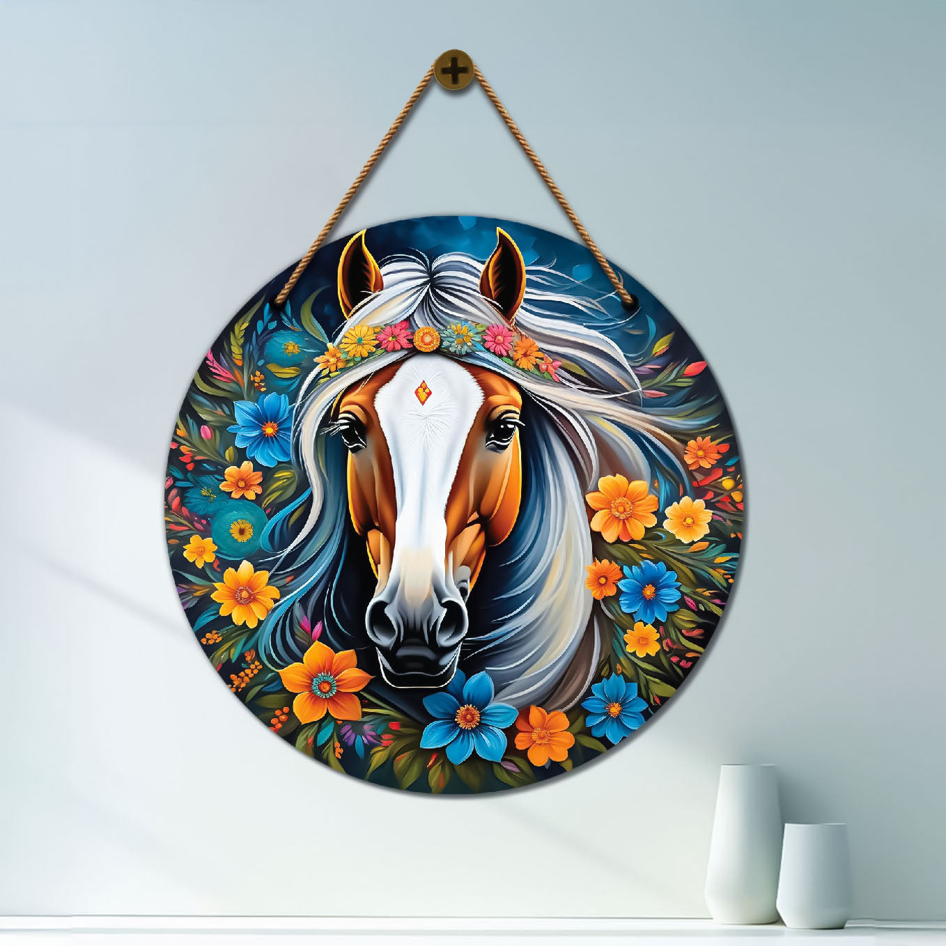 Horse in blue and orange mandala Round Wooden Wall Hanging for wall Décor - Design - 296