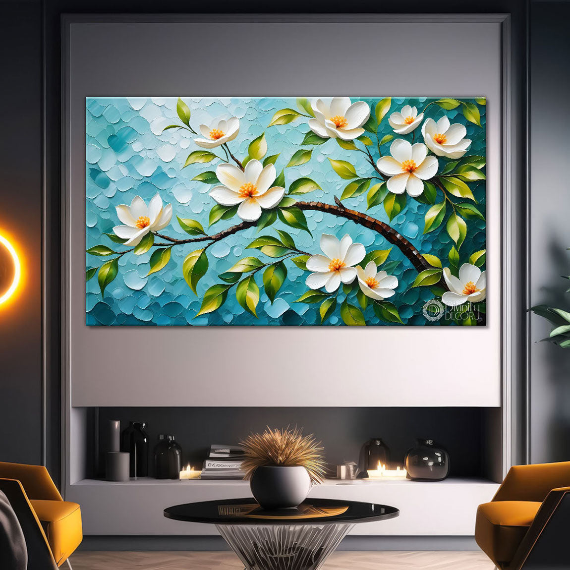 White flower tree in textured background oil painting- Design - Tree-296