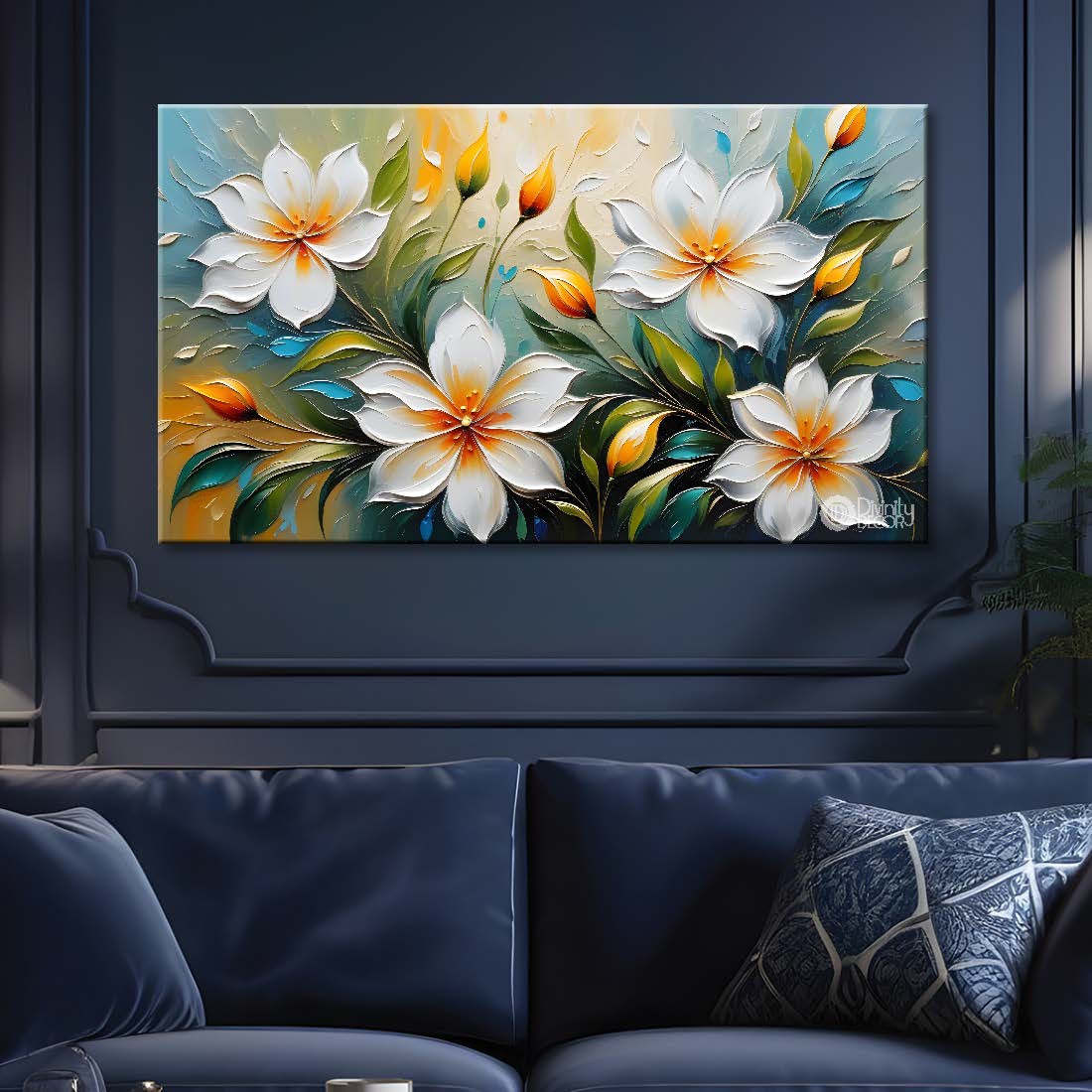 White flowers in blue background canvas painting- Flower-296