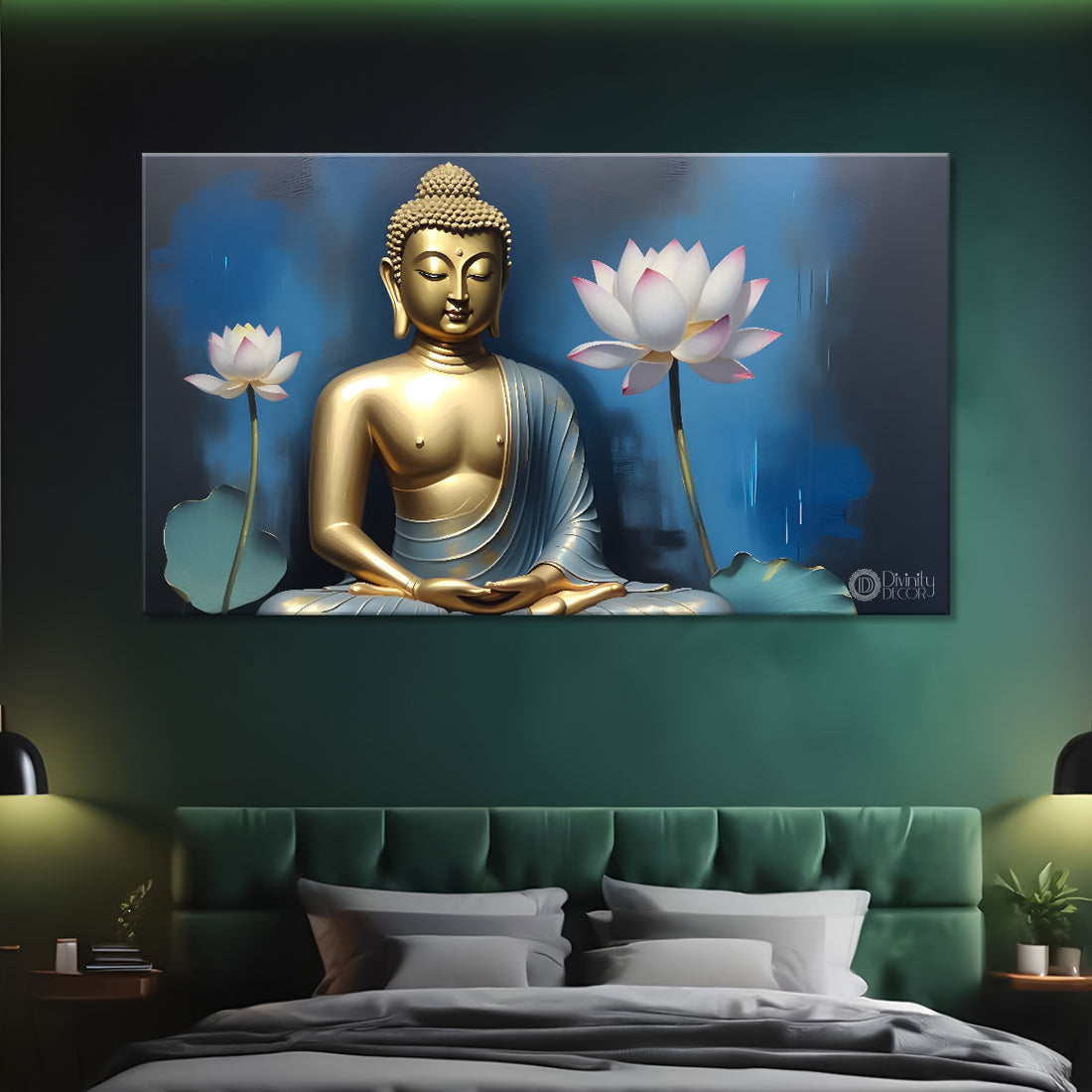 Golden buddha with pink lotus and blue textured background painting Canvas Wall Painting - Buddha-297
