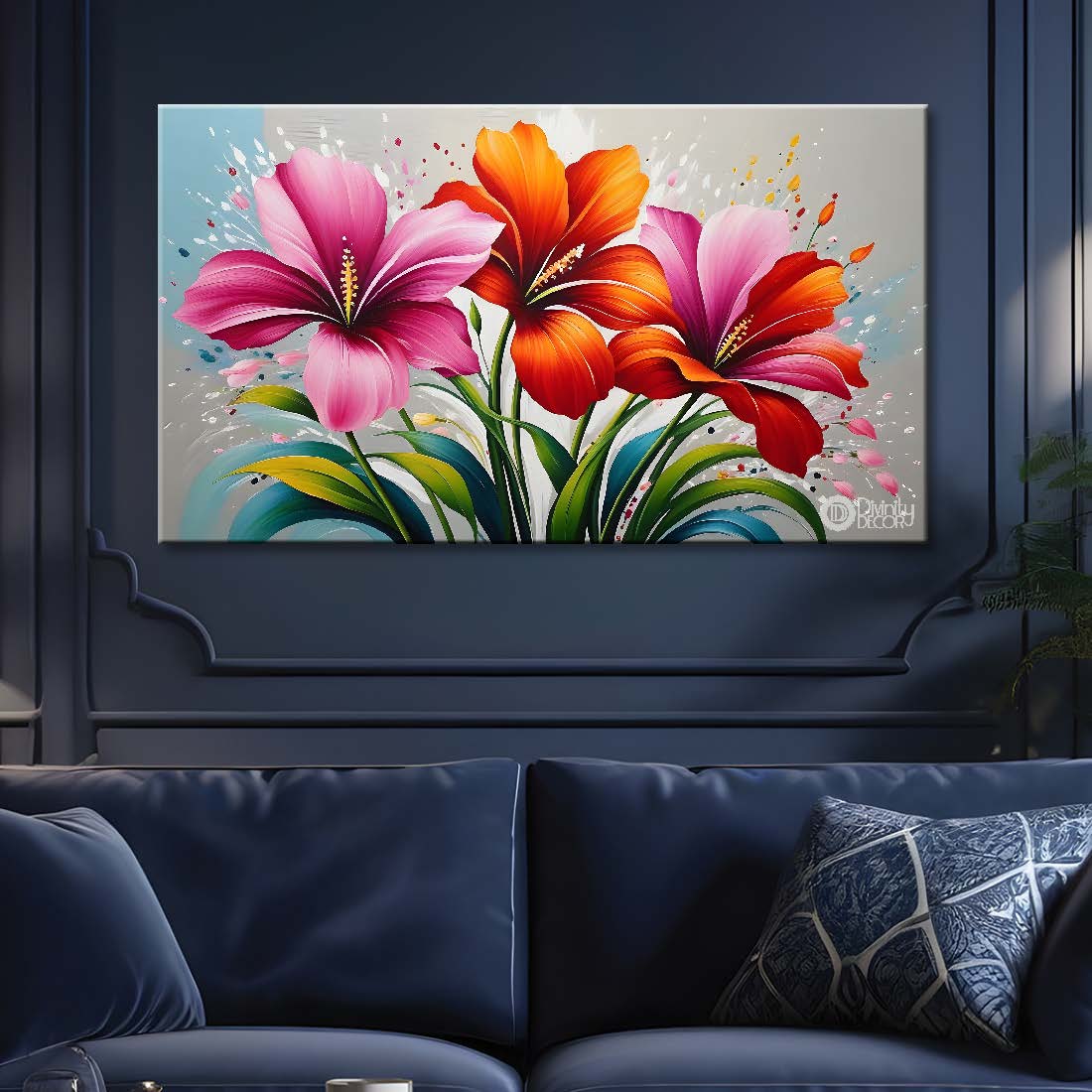 Pink flowers in grey background canvas painting- Flower-297