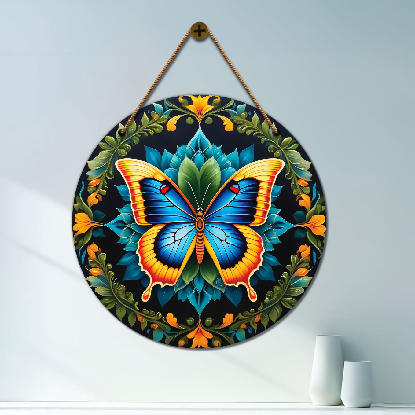 Butterfly in green and yellow mandala Round Wooden Wall Hanging for wall Décor - Design - 297
