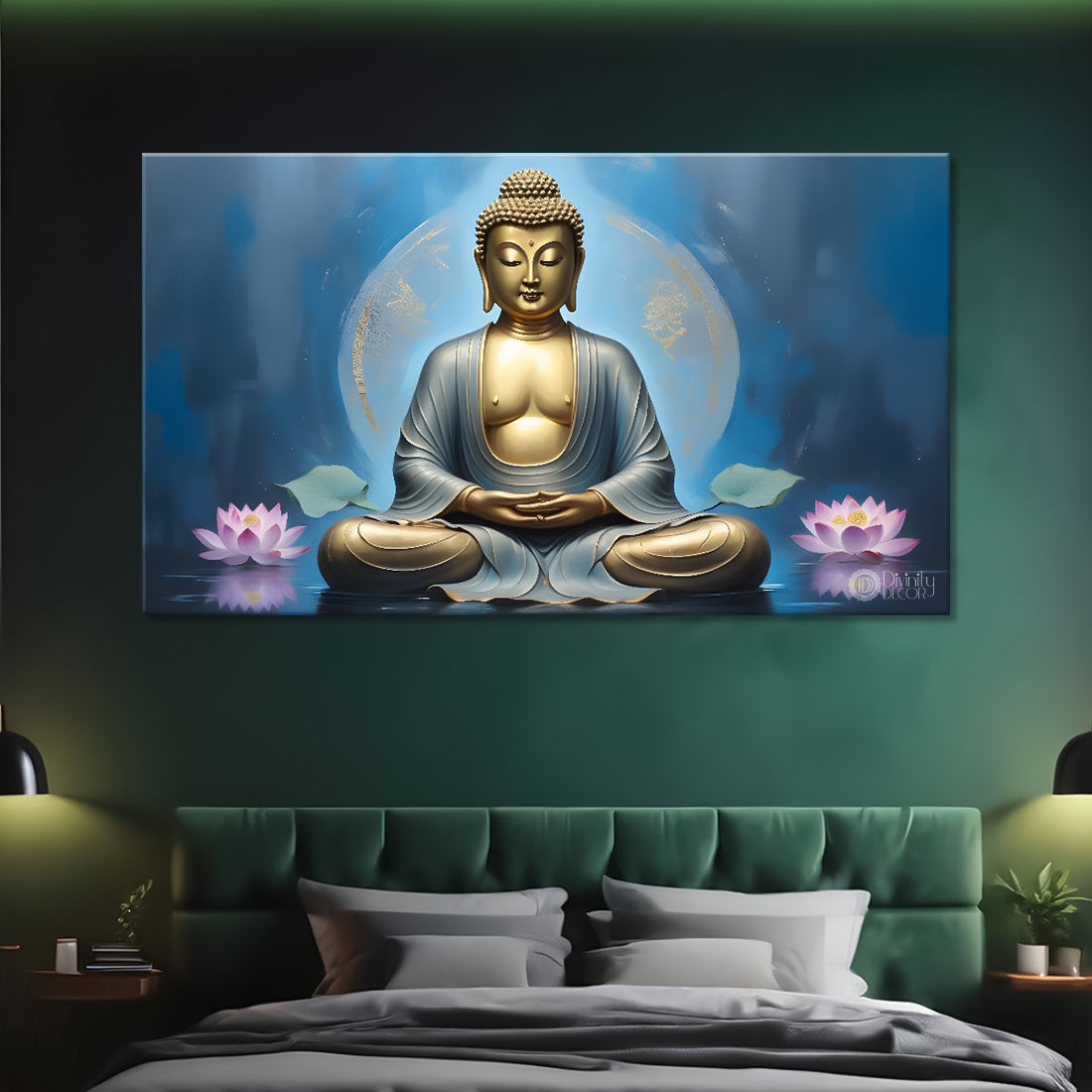 Golden buddha with pink lotus and blue textured background painting Canvas Wall Painting - Buddha-298