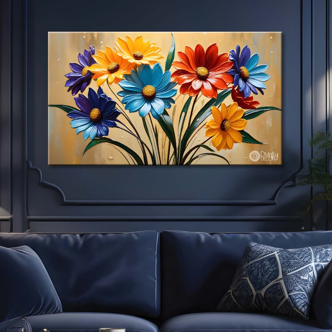 Colorful flowers in yellow background canvas painting- Flower-298