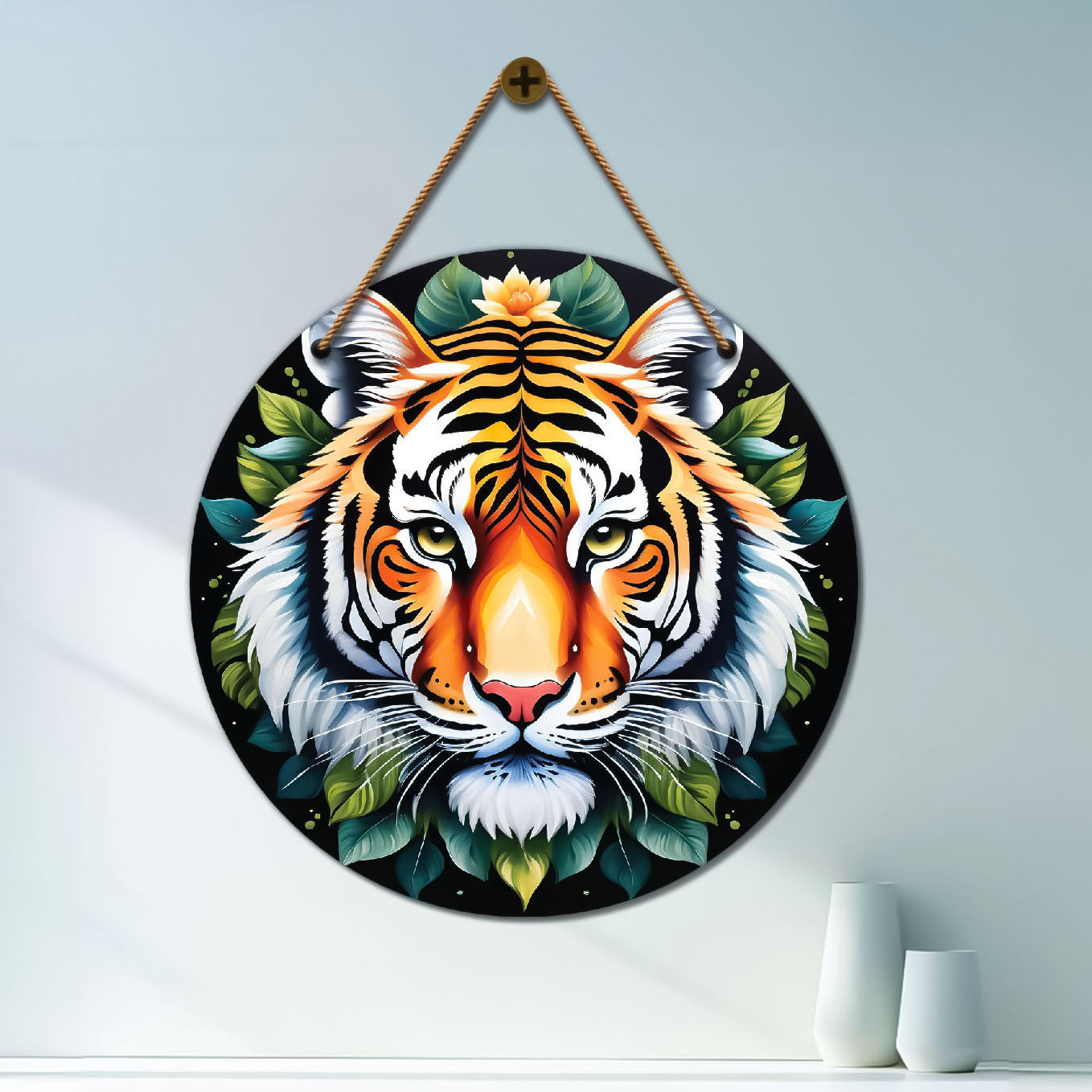 Tiger in green and black mandala Round Wooden Wall Hanging for wall Décor - Design - 298