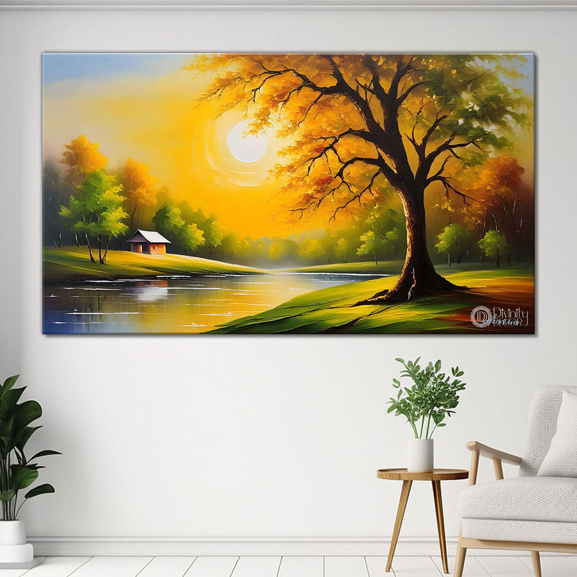 Trees and lake in textured painting Canvas Painting - Nature Art -298