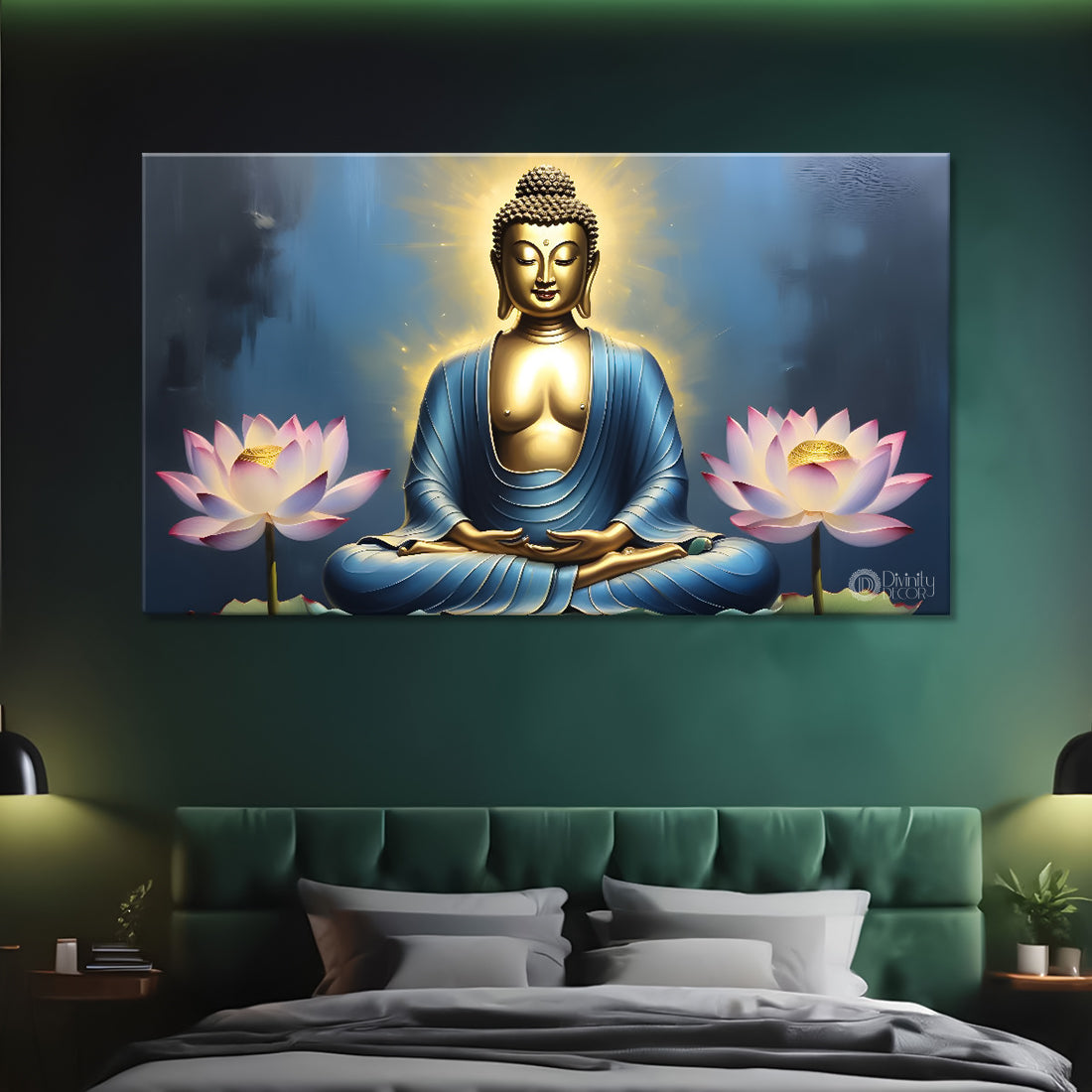 Golden buddha with pink lotus and blue textured background painting Canvas Wall Painting - Buddha-299