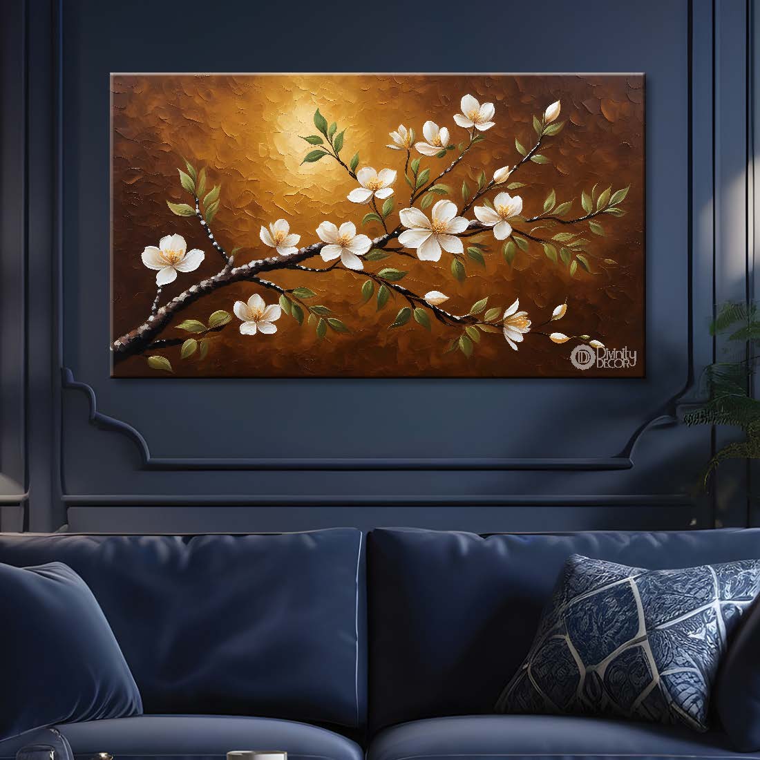 White flowers in brown background canvas painting- Flower-299