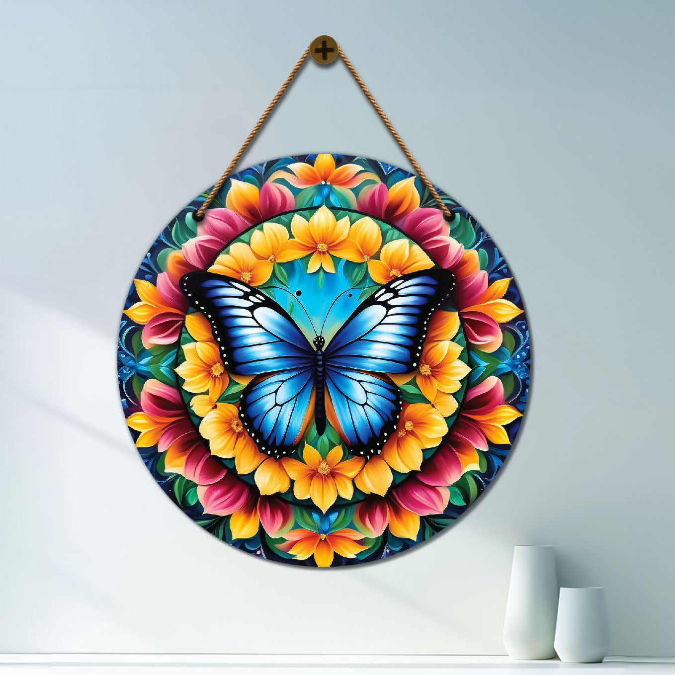 Butterfly in yellow and pink mandala Round Wooden Wall Hanging for wall Décor - Design - 299