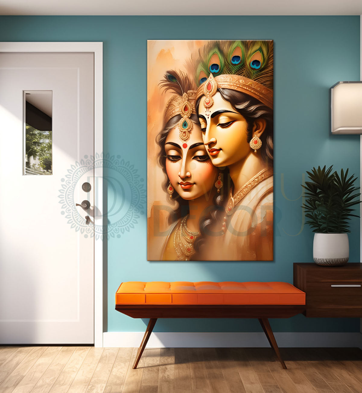 Krishna with radha in light brown background textured art Canvas Painting - Design - Krishna-V-29