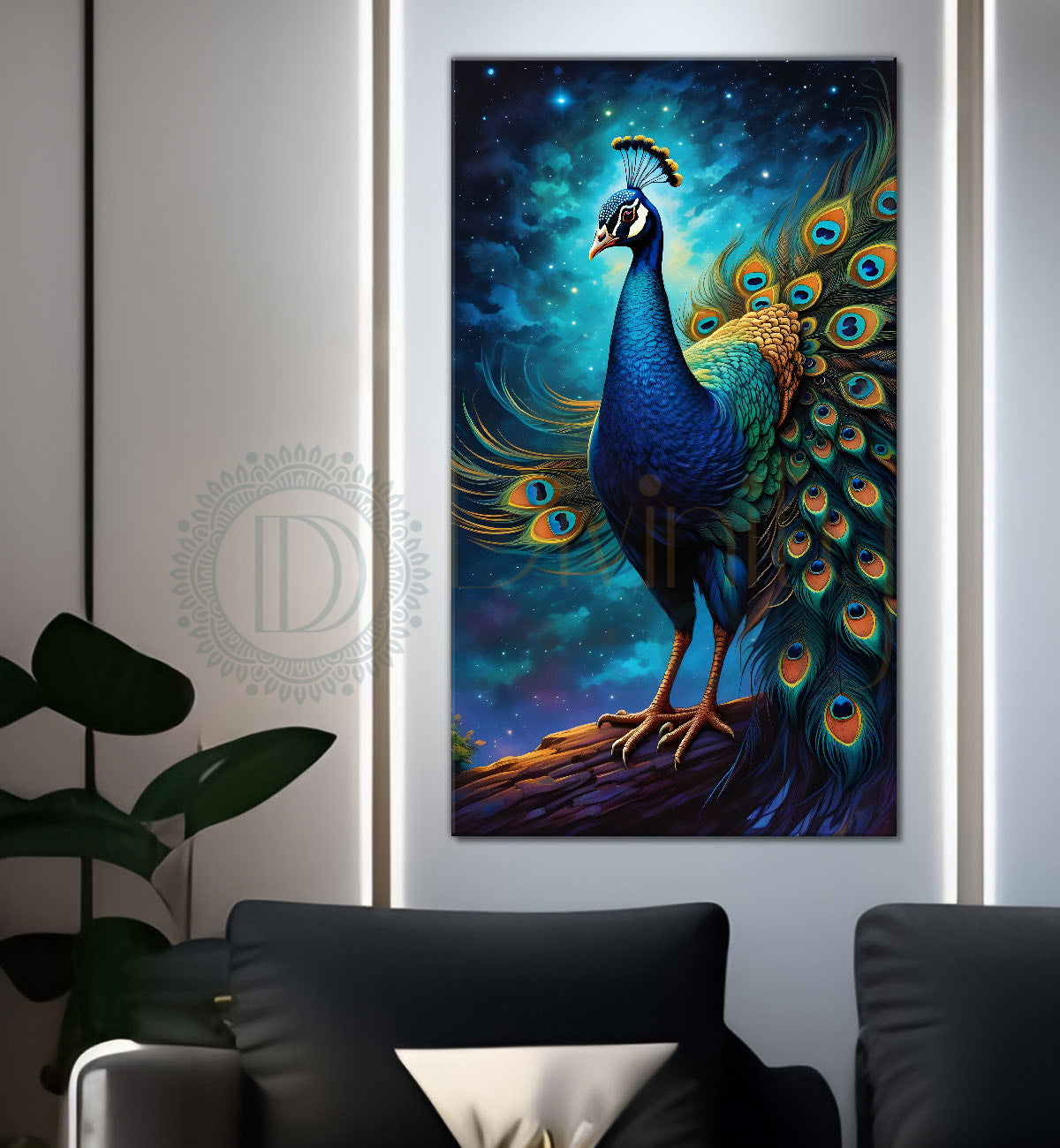 Peacock in front of moon with blue background modern art painting  - Design - Peacock-V-29