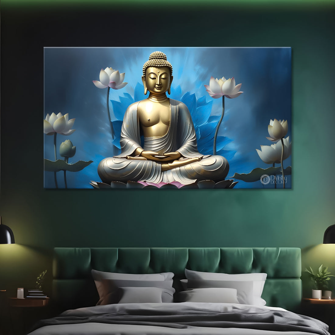 Golden buddha with pink lotus and blue textured background painting Canvas Wall Painting - Buddha-300