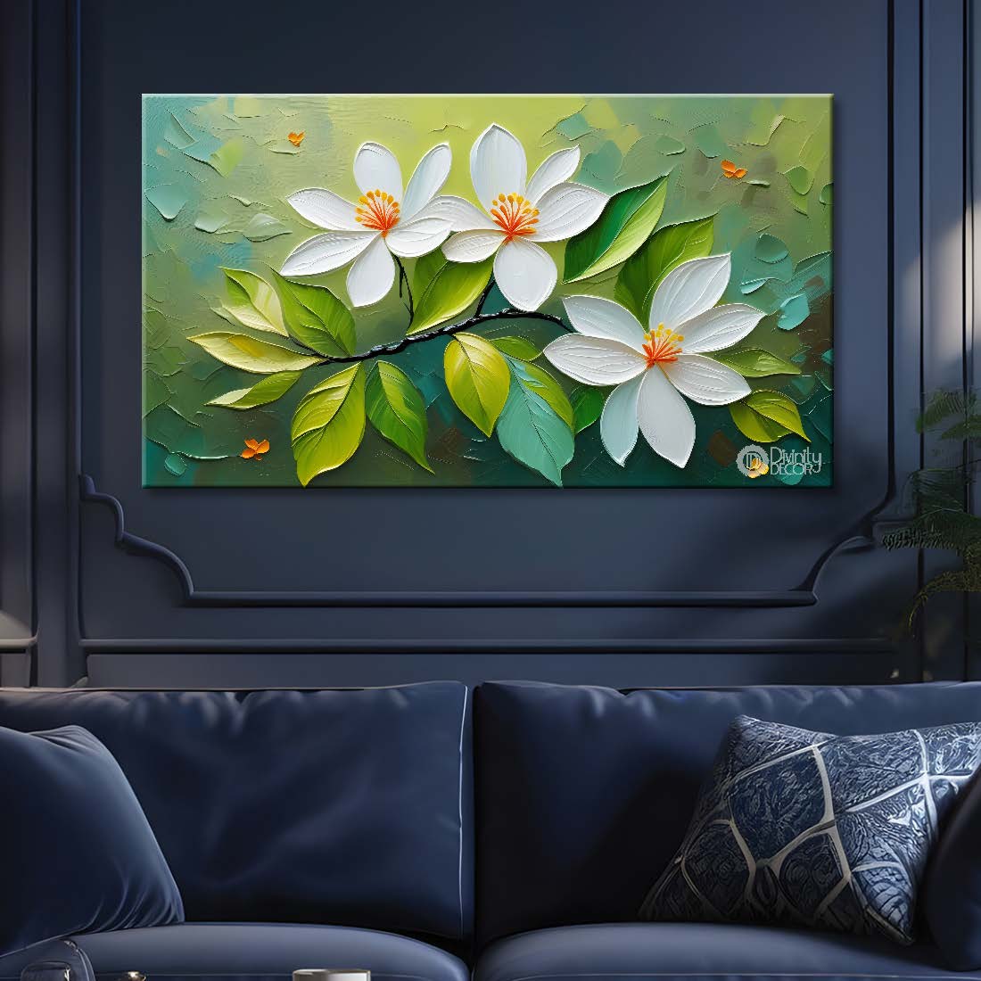 White flowers in green background canvas painting- Flower-300